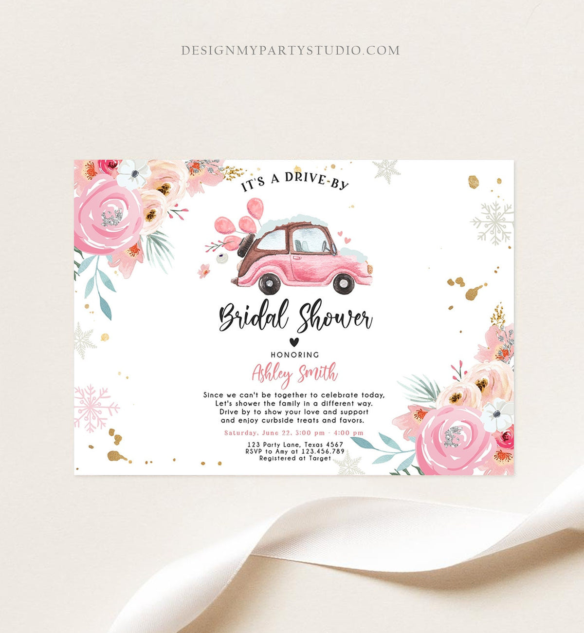 Editable Winter Drive By Bridal Shower Invitation Pink Wedding Shower Invite Quarantine Drive Through Floral Template Download Corjl 0335