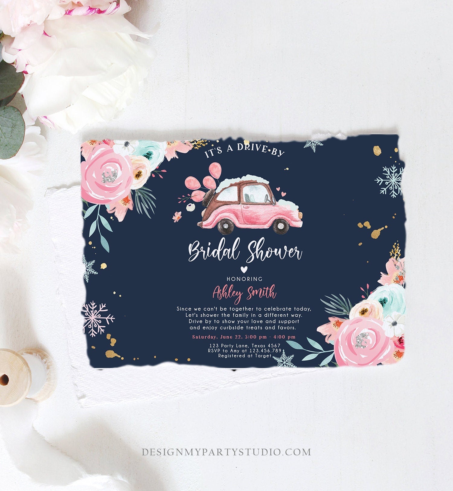 Editable Winter Drive By Bridal Shower Invitation Pink Wedding Shower Invite Quarantine Drive Through Floral Template Download Corjl 0335