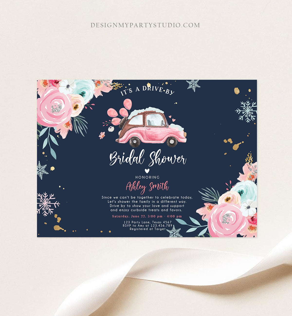 Editable Winter Drive By Bridal Shower Invitation Pink Wedding Shower Invite Quarantine Drive Through Floral Template Download Corjl 0335