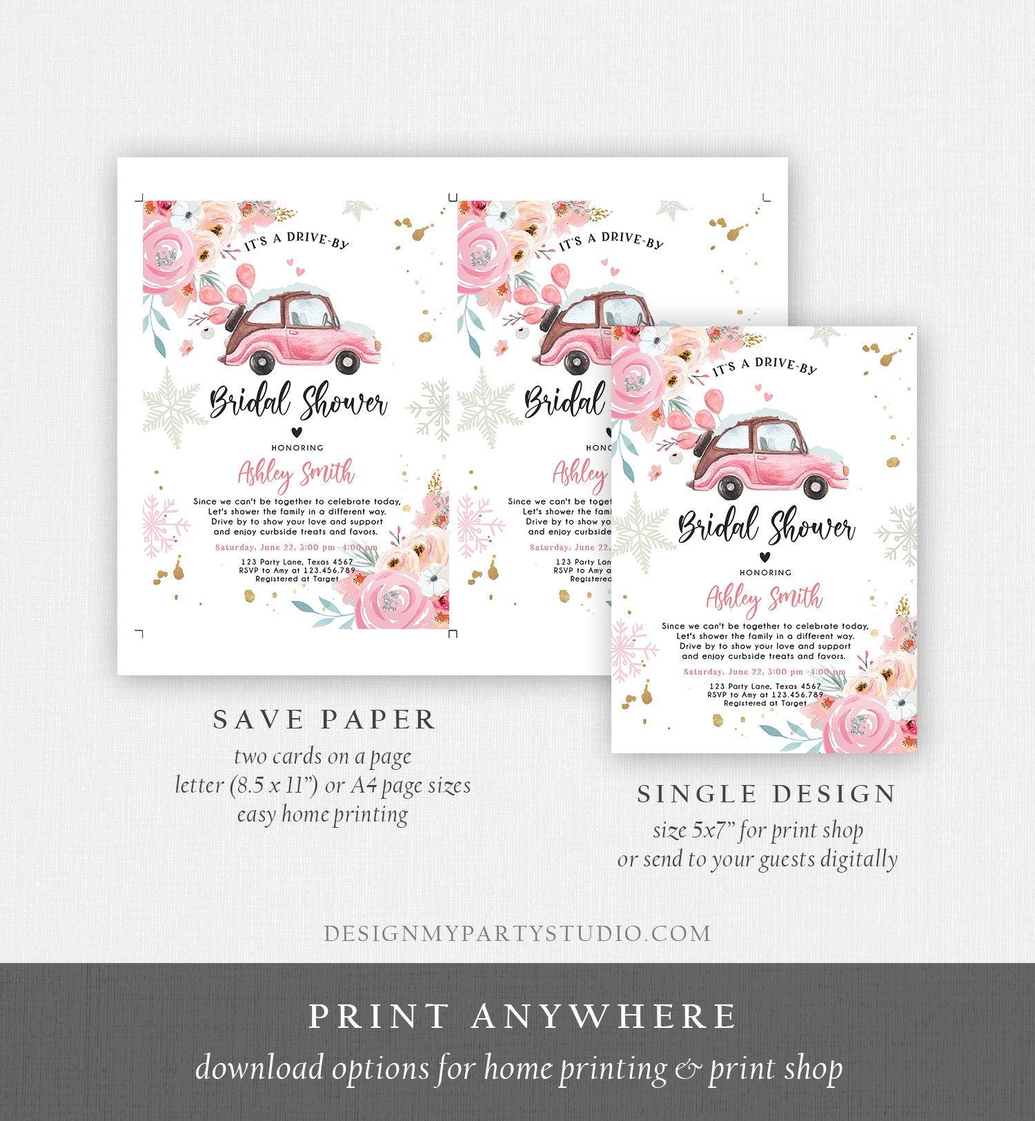 Editable Winter Drive By Bridal Shower Invitation Pink Wedding Shower Invite Quarantine Drive Through Floral Template Download Corjl 0335