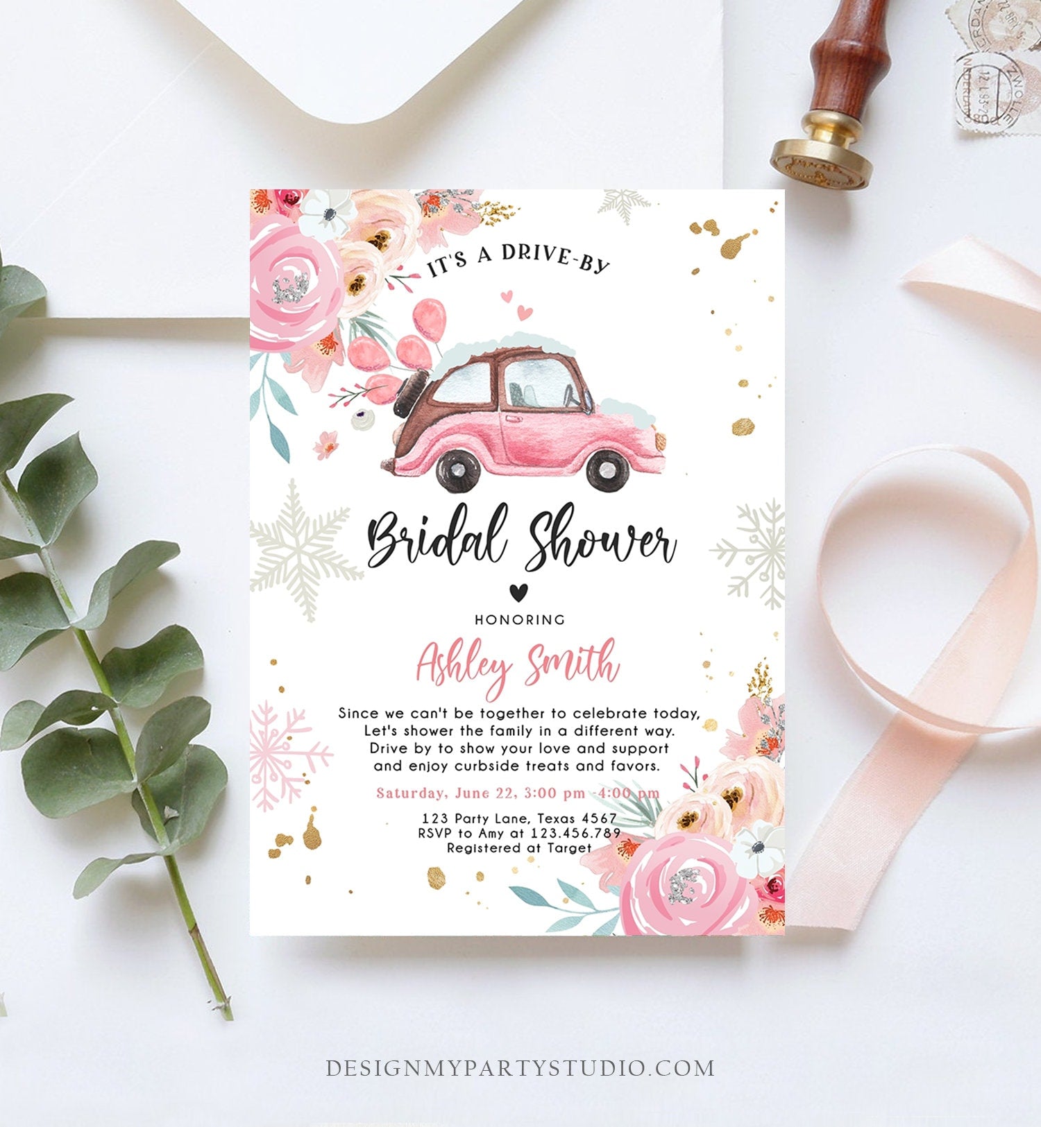 Editable Winter Drive By Bridal Shower Invitation Pink Wedding Shower Invite Quarantine Drive Through Floral Template Download Corjl 0335