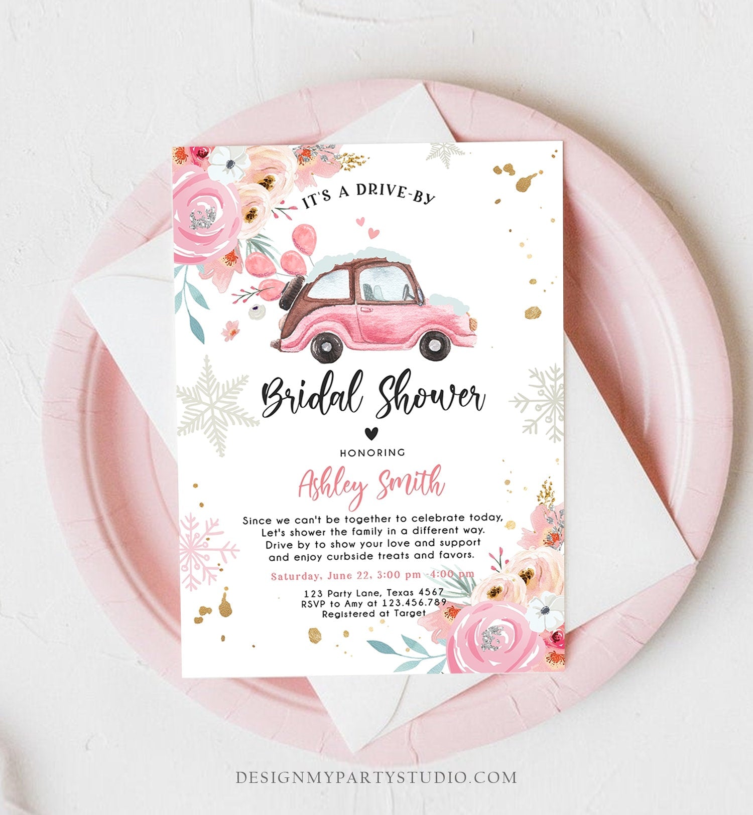 Editable Winter Drive By Bridal Shower Invitation Pink Wedding Shower Invite Quarantine Drive Through Floral Template Download Corjl 0335