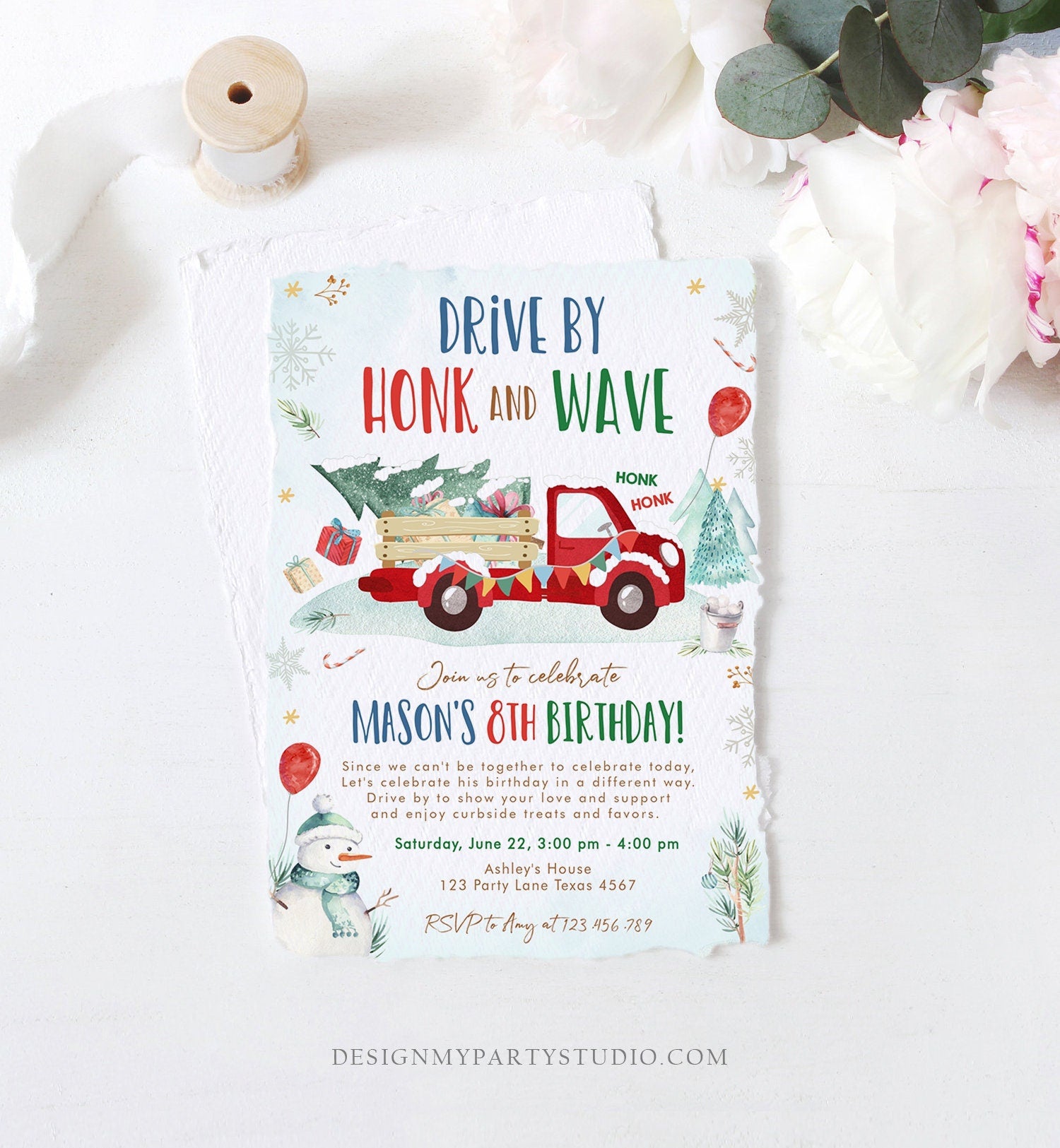 Editable Winter Drive By Birthday Invitation Parade Winter Onederland Virtual Party Invite Boy Red Truck Quarantine Download Corjl 0278