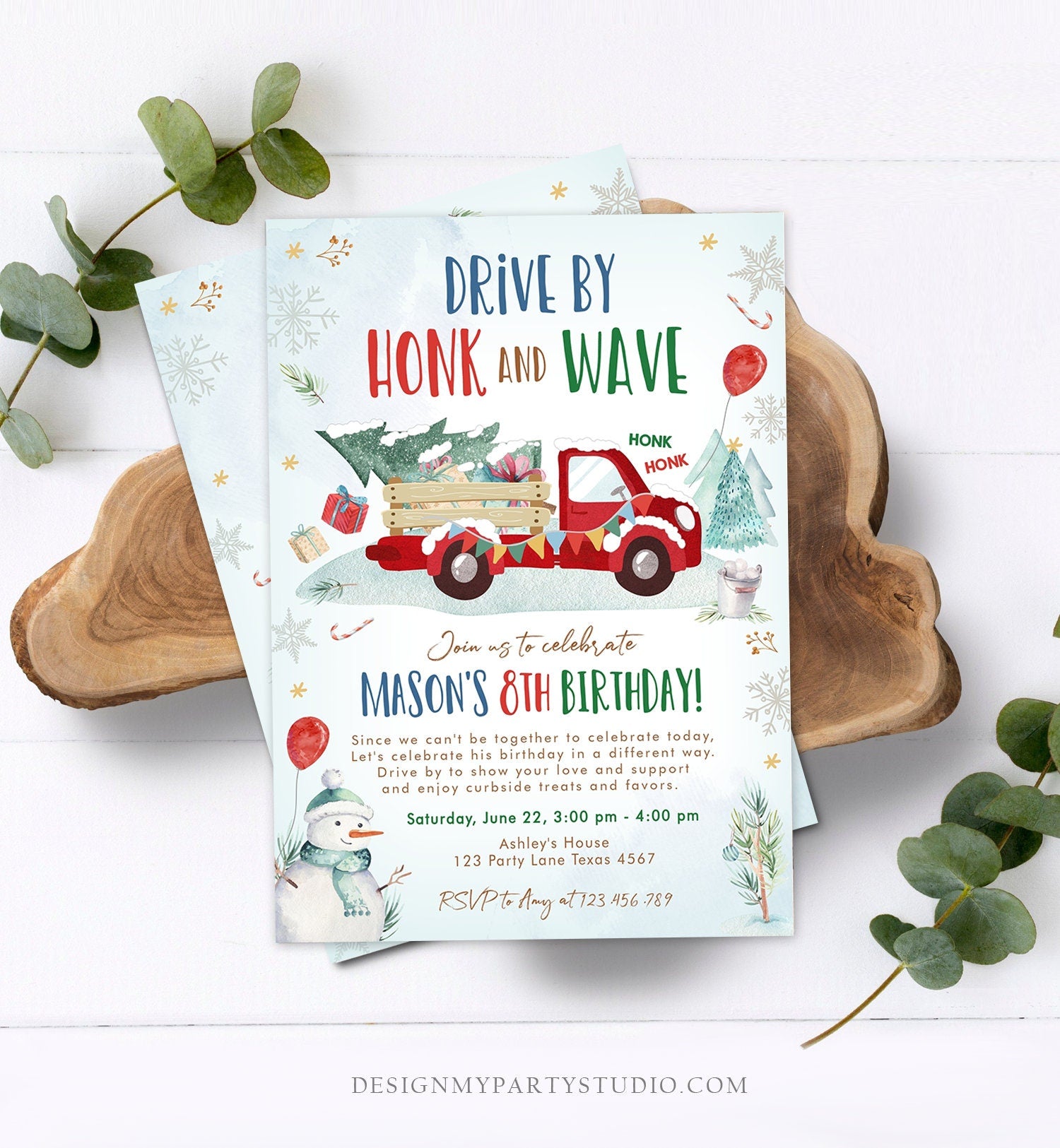 Editable Winter Drive By Birthday Invitation Parade Winter Onederland Virtual Party Invite Boy Red Truck Quarantine Download Corjl 0278