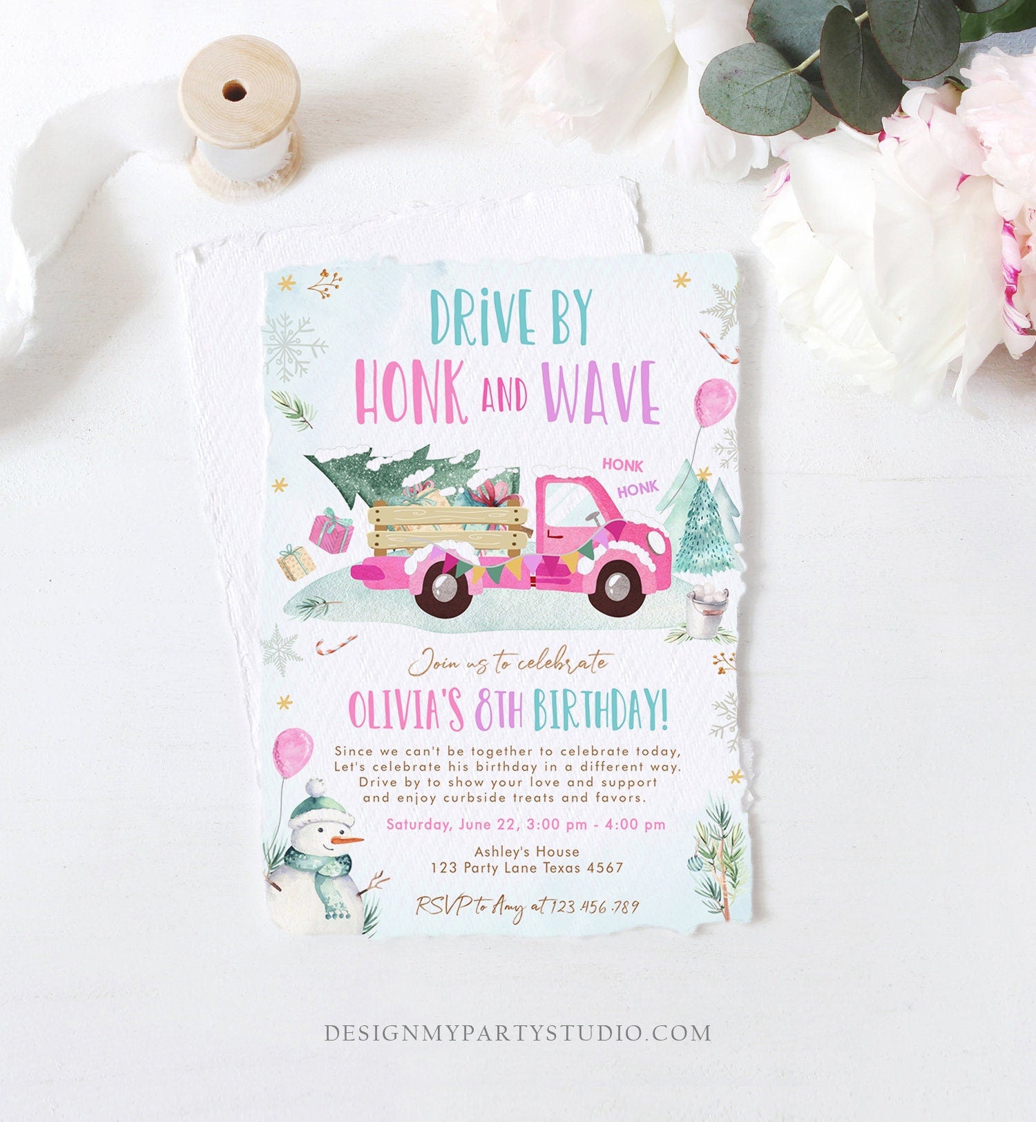 Editable Winter Drive By Birthday Invitation Parade Winter Onederland Virtual Party First 1st Girl Pink Truck Quarantine Download Corjl 0278