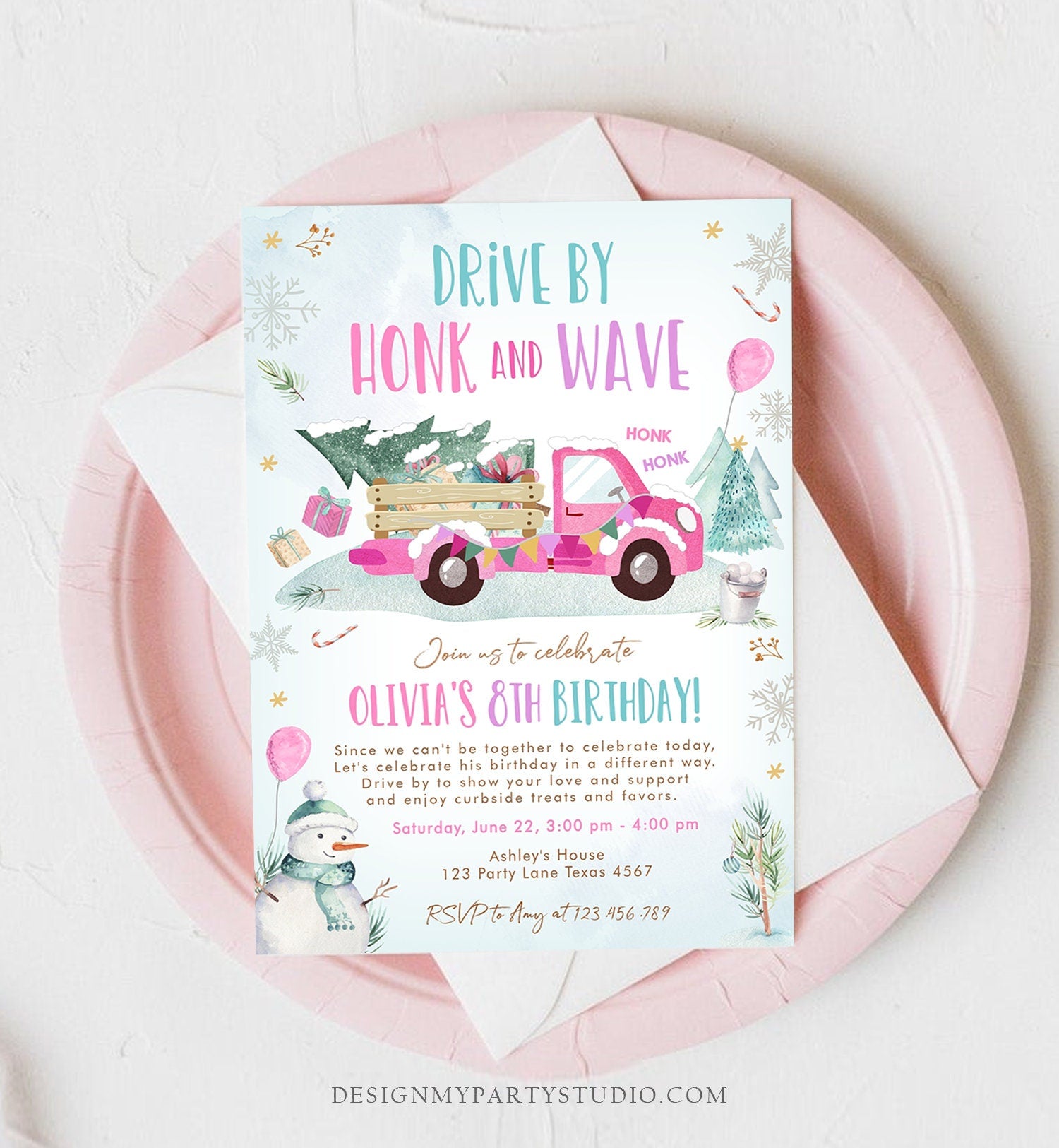 Editable Winter Drive By Birthday Invitation Parade Winter Onederland Virtual Party First 1st Girl Pink Truck Quarantine Download Corjl 0278