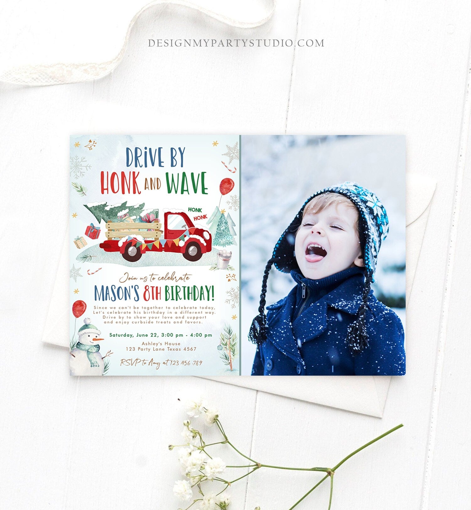 Editable Winter Drive By Birthday Invitation Parade Winter Onederland Virtual Party Invite Boy Red Truck Quarantine Download Corjl 0278