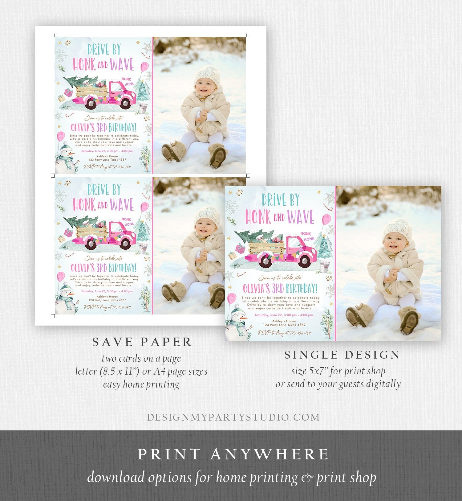 Editable Winter Drive By Birthday Invitation Parade Winter Onederland Virtual Party First 1st Girl Pink Truck Quarantine Download Corjl 0278