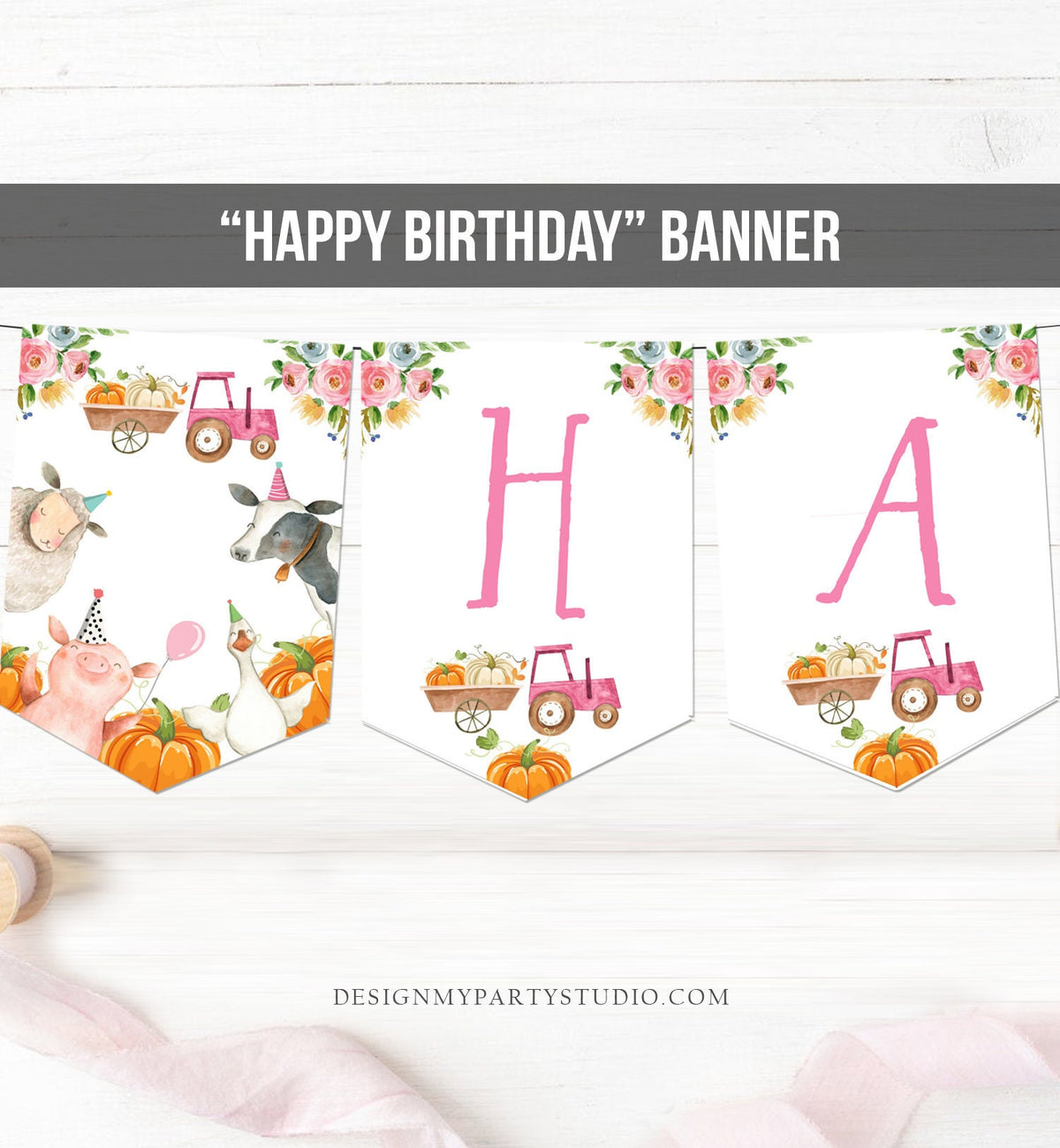 Happy Birthday Banner Pumpkin Farm Birthday Banner Farm Animals Girl Pink Barnyard Birthday Decor Download PRINTABLE DIGITAL DIY 0155