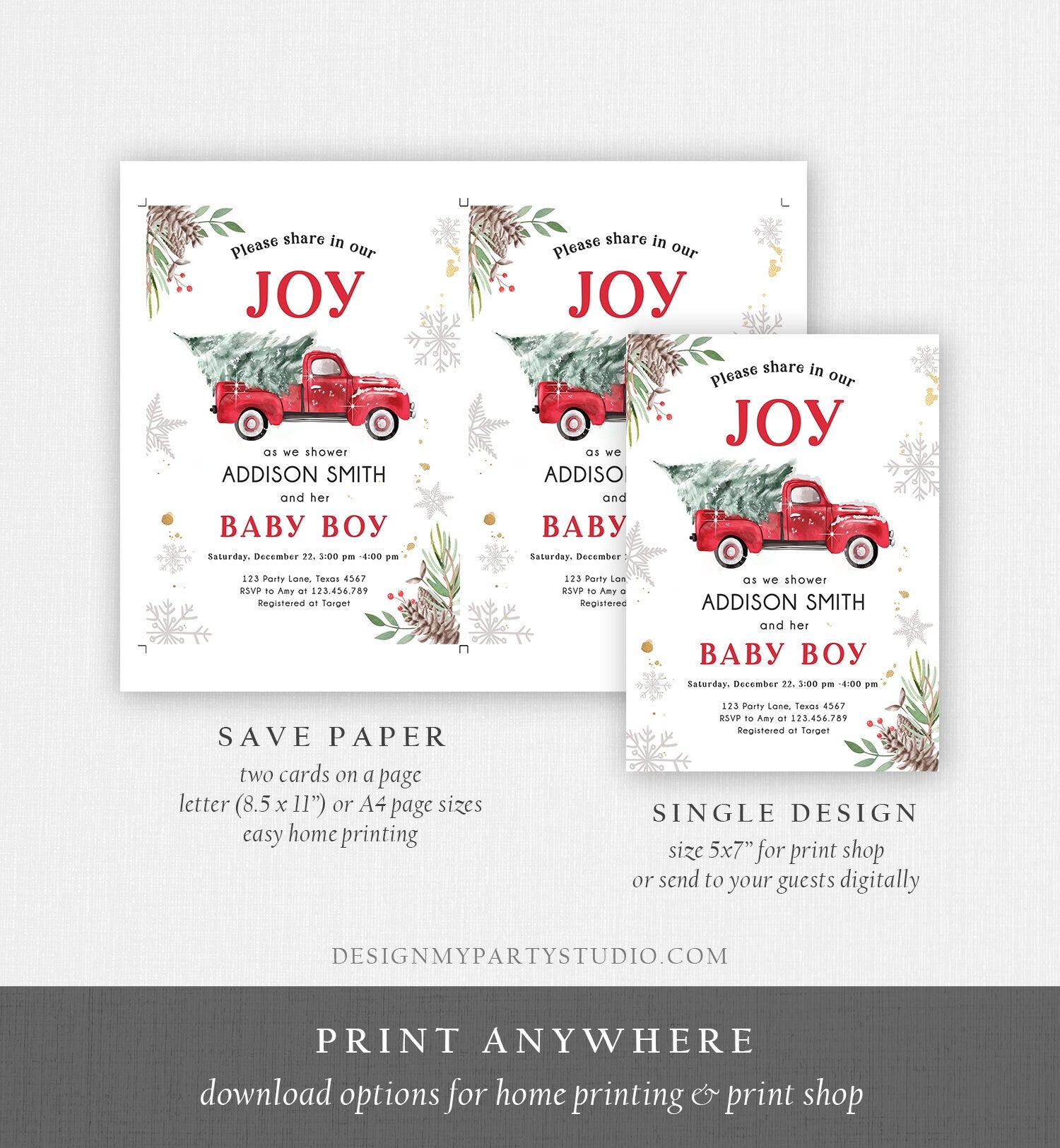 Editable Red Truck Baby Shower Invitation Winter Baby Shower Baby Boy Christmas Tree Truck Watercolor December Template Download Corjl 0356