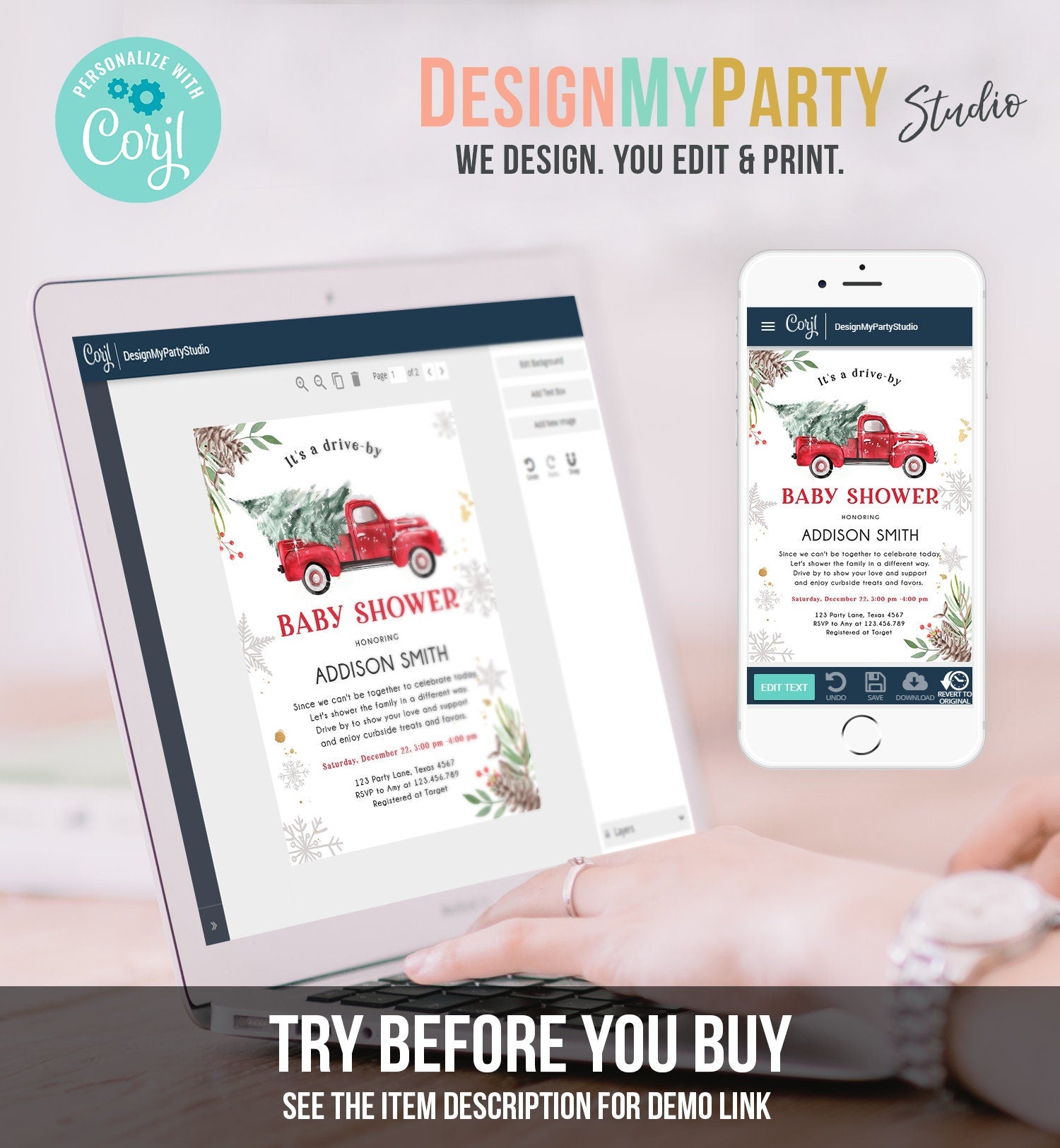 Editable Winter Drive By Baby Shower Invitation Red Truck Baby Shower Invite Gender Neutral Drive Through Tree Template Download Corjl 0356