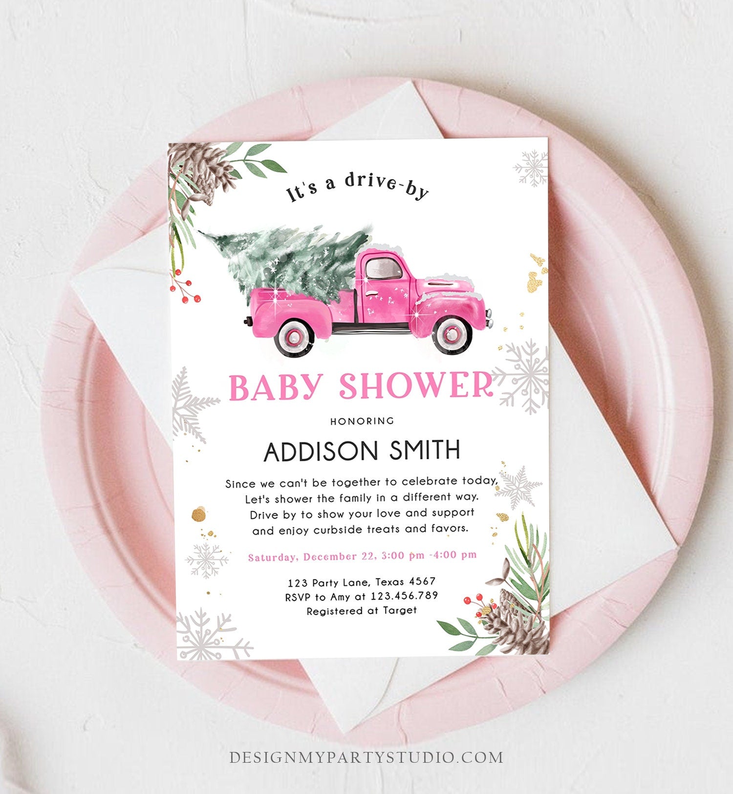 Editable Winter Drive By Baby Shower Invitation Pink Truck Girl Baby Shower Invite Drive Through Tree Printable Template Download Corjl 0356