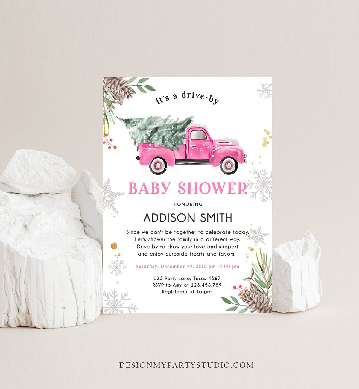 Editable Winter Drive By Baby Shower Invitation Pink Truck Girl Baby Shower Invite Drive Through Tree Printable Template Download Corjl 0356