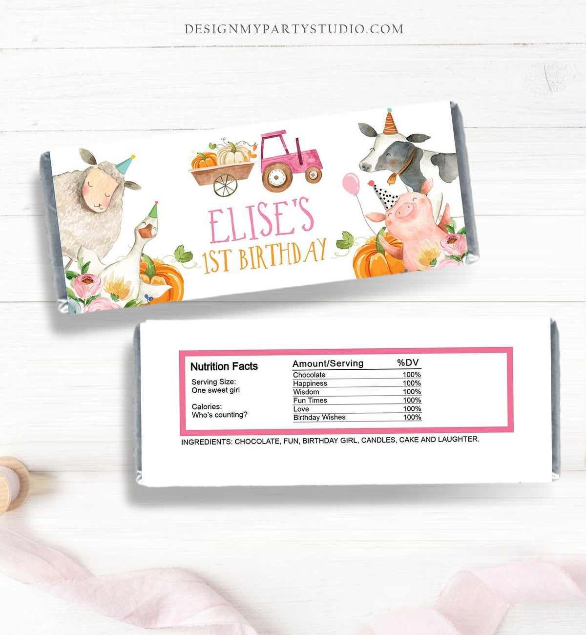 Editable Candy Bar Wrapper Pumpkin Farm Animals Birthday Chocolate Bar Wrapper Farm Tractor Girl Barnyard Favors PRINTABLE Corjl 0155