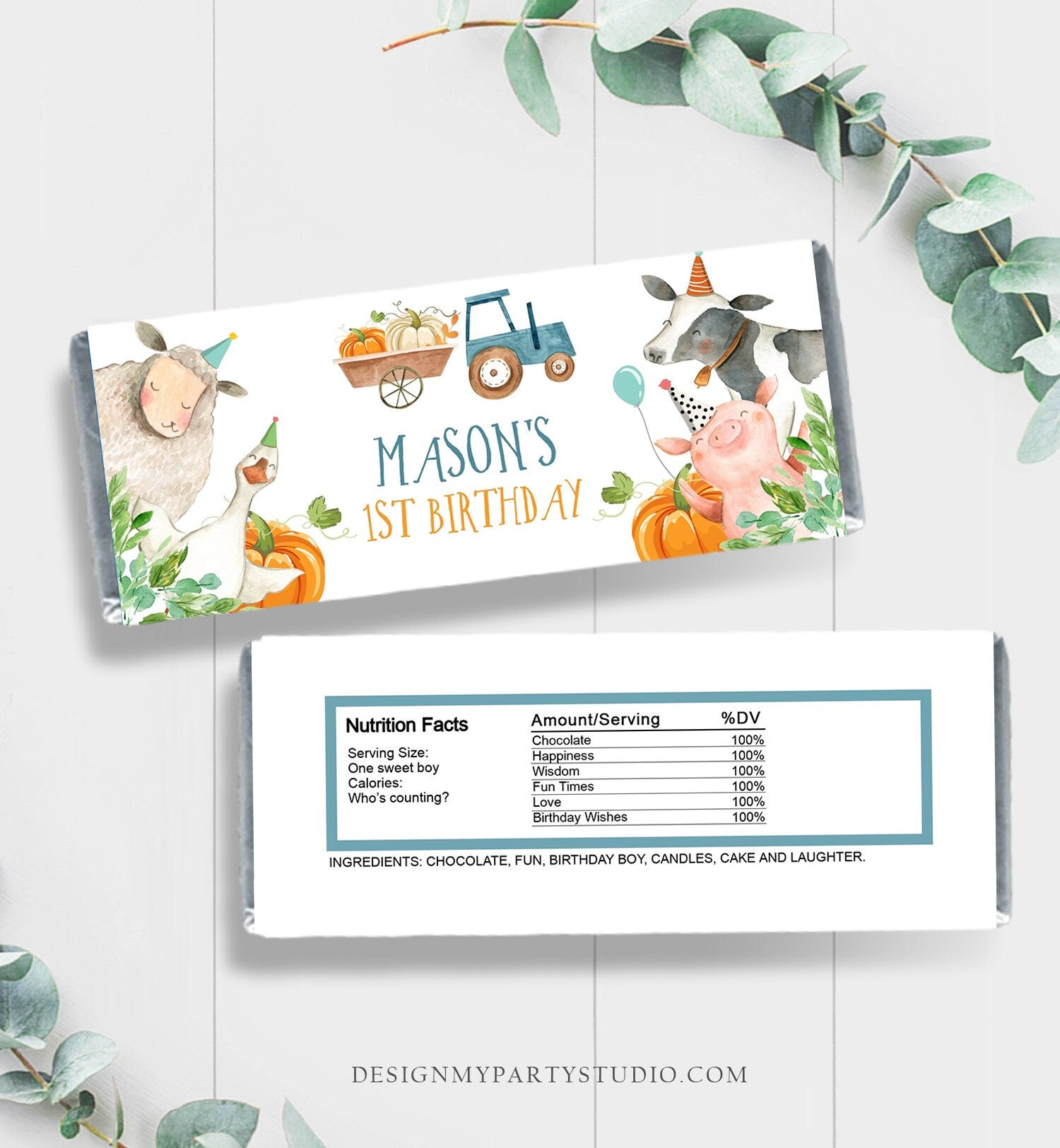 Editable Candy Bar Wrapper Pumpkin Farm Animals Birthday Chocolate Bar Wrapper Farm Tractor Boy Barnyard Favors PRINTABLE Corjl 0155