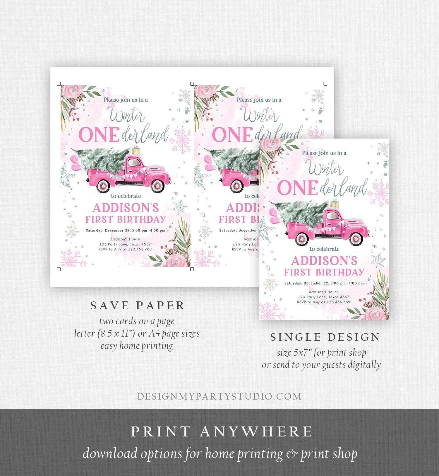 Editable Winter Onederland Winter 1st Birthday Invitation Winter Pink Silver Floral Truck Trees Girl First Printable Template DIY 0356