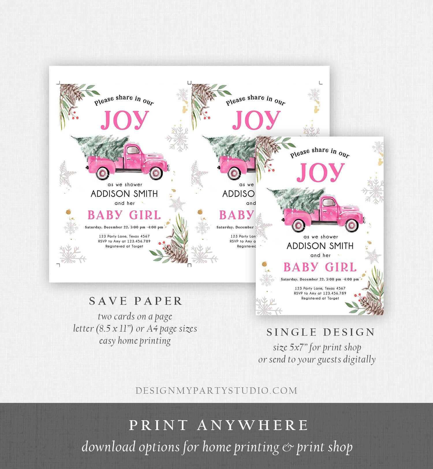 Editable Pink Truck Baby Shower Invitation Winter Baby Shower Baby Girl Christmas Tree Watercolor December Template Download Corjl 0356