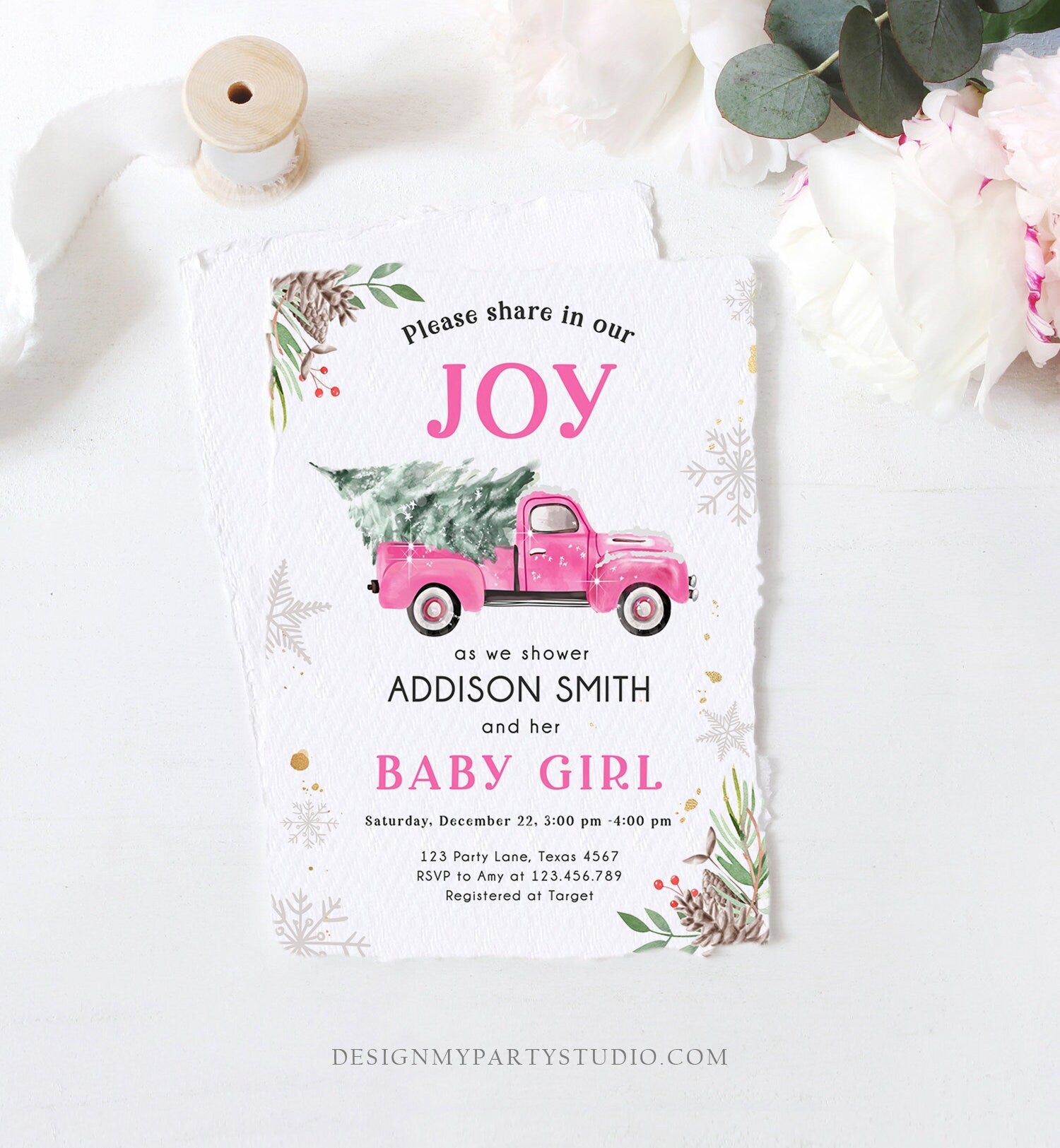 Editable Pink Truck Baby Shower Invitation Winter Baby Shower Baby Girl Christmas Tree Watercolor December Template Download Corjl 0356