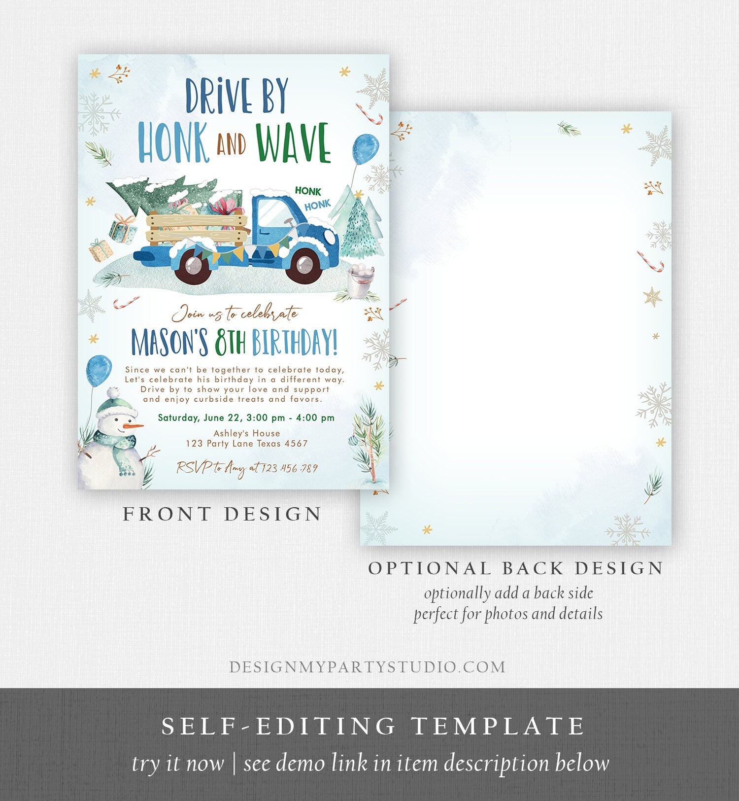 Editable Winter Drive By Birthday Invitation Parade Winter Onederland Virtual Party Invite Boy Blue Truck Quarantine Download Corjl 0278