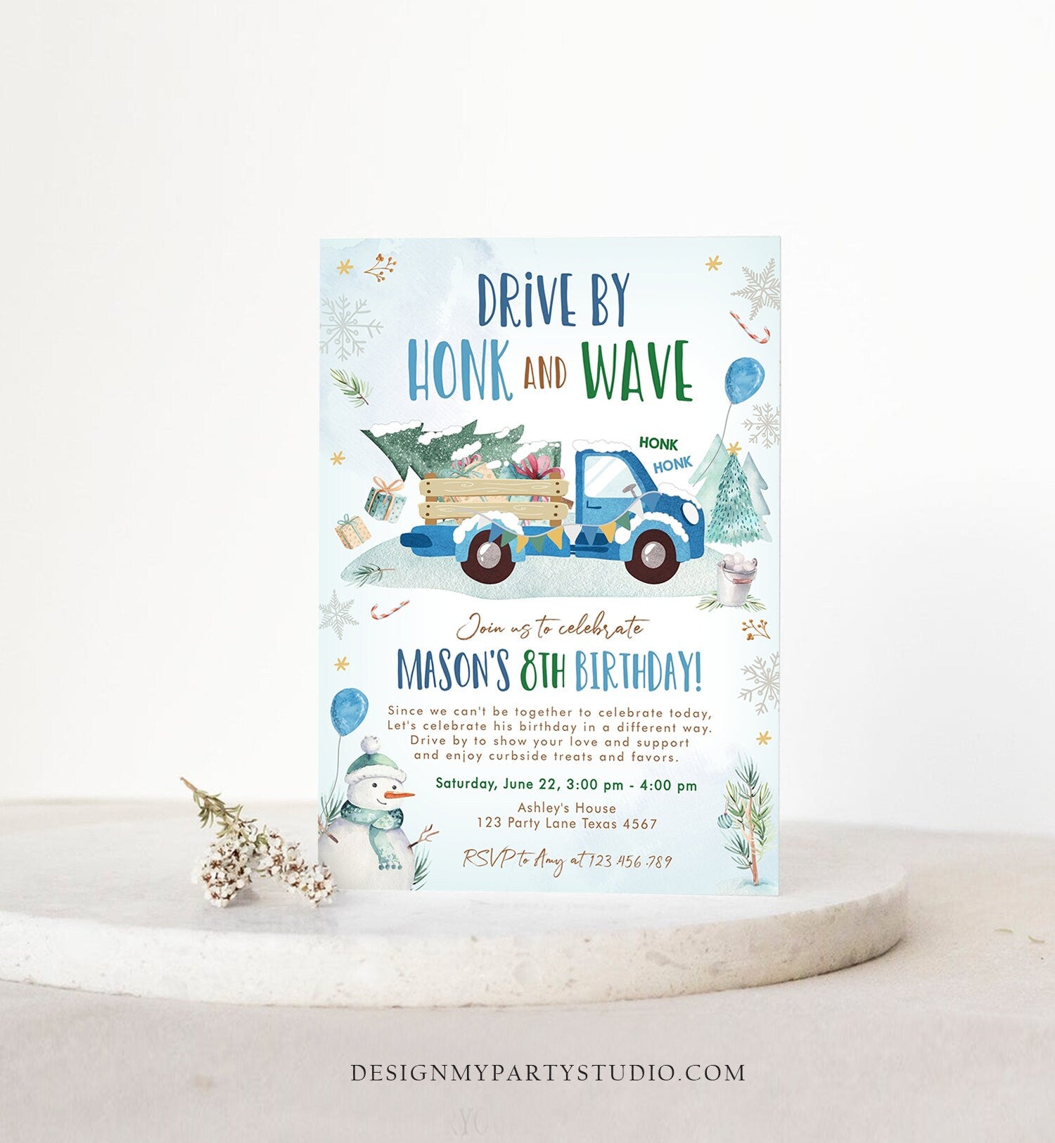 Editable Winter Drive By Birthday Invitation Parade Winter Onederland Virtual Party Invite Boy Blue Truck Quarantine Download Corjl 0278