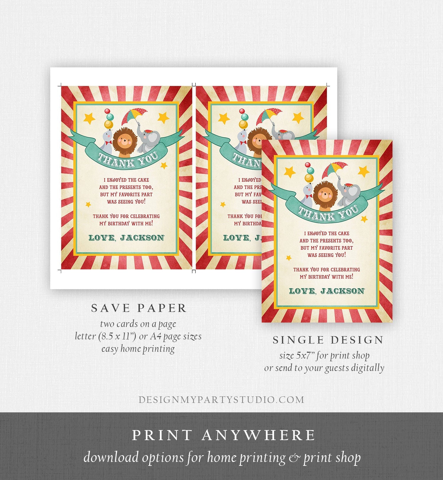 Editable Circus Carnival Thank You Card Vintage Festival Circus Big Fair Red Boy Girl Instant Download Printable Template Corjl Digital 0013