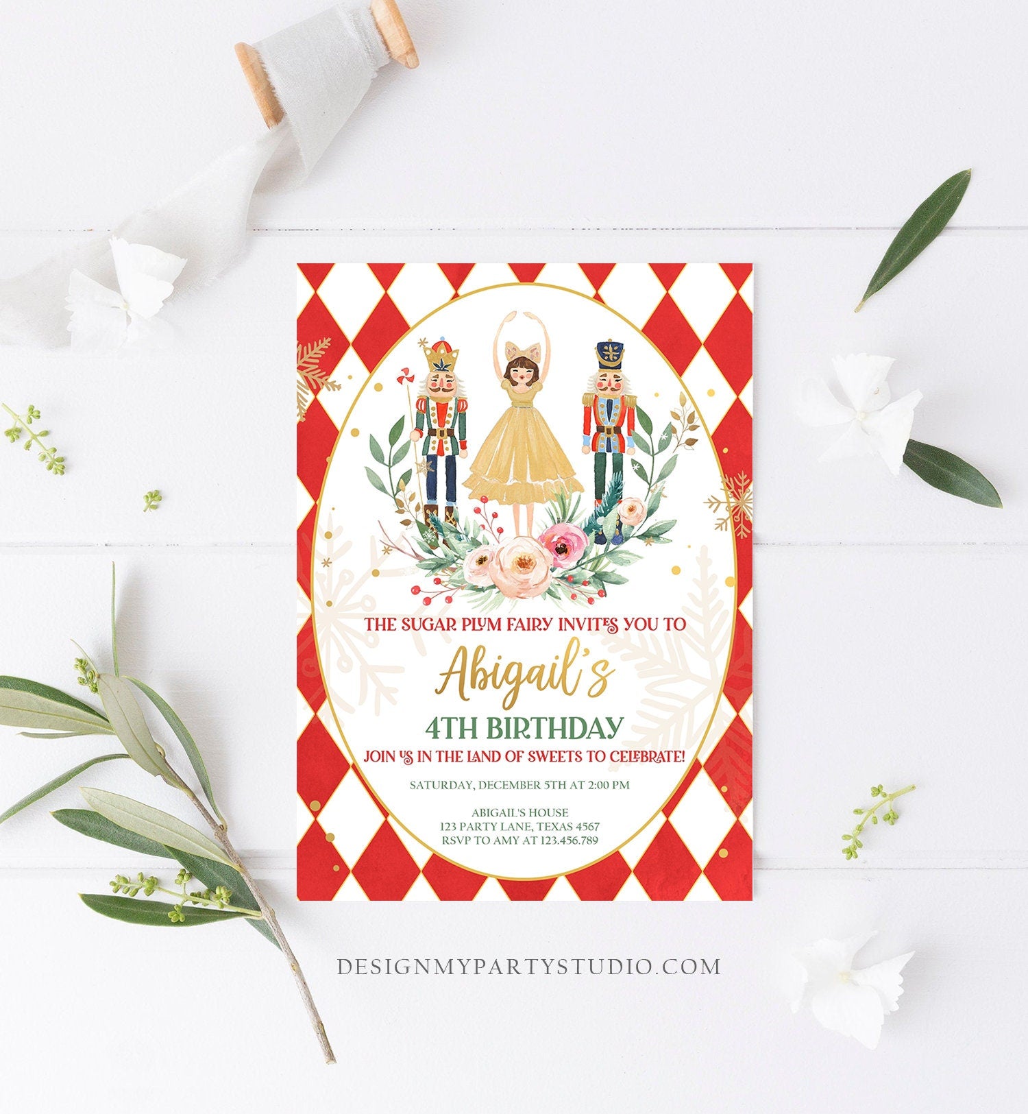 Editable Nutcracker Birthday Invitation Sugar Plum Fairy Holiday Party Christmas Ballet Nutcracker Download Printable Template Corjl 0352