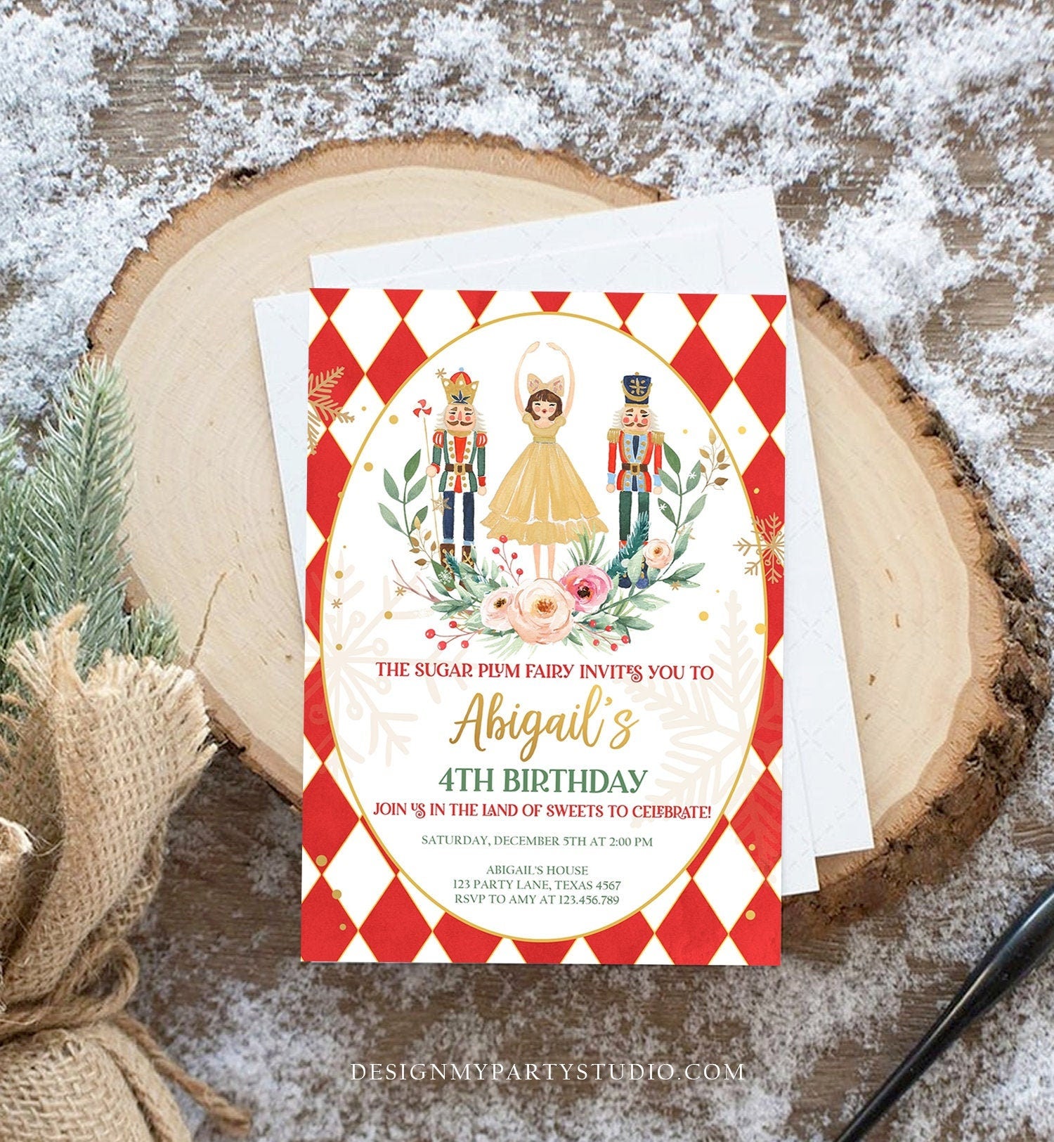 Editable Nutcracker Birthday Invitation Sugar Plum Fairy Holiday Party Christmas Ballet Nutcracker Download Printable Template Corjl 0352