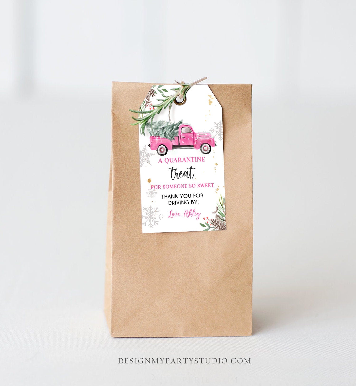 Editable Drive By Favor Tag Drive Through Baby Shower Bridal Birthday Thank You Gift Quarantine Pink Girl Truck Winter Christmas Corjl 0356