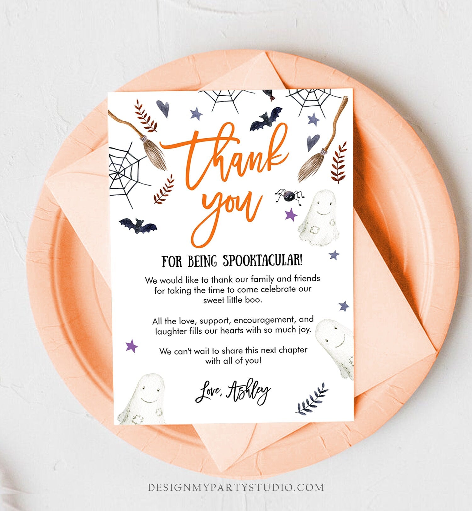 Editable Peek A Boo Baby Shower Thank You Card Halloween Birthday Thank You Blush Spooktacular Thank You Note Printable Template Corjl 0199