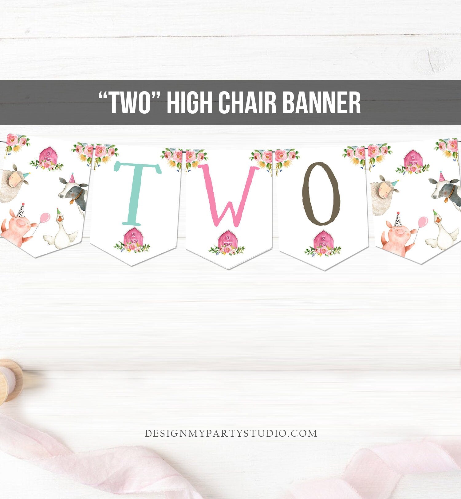 Pink Farm High Chair Banner Farm 2nd Birthday Girl Pink Farm Animals High Chair Banner TWO Barnyard Party Decor PRINTABLE Digital 0155