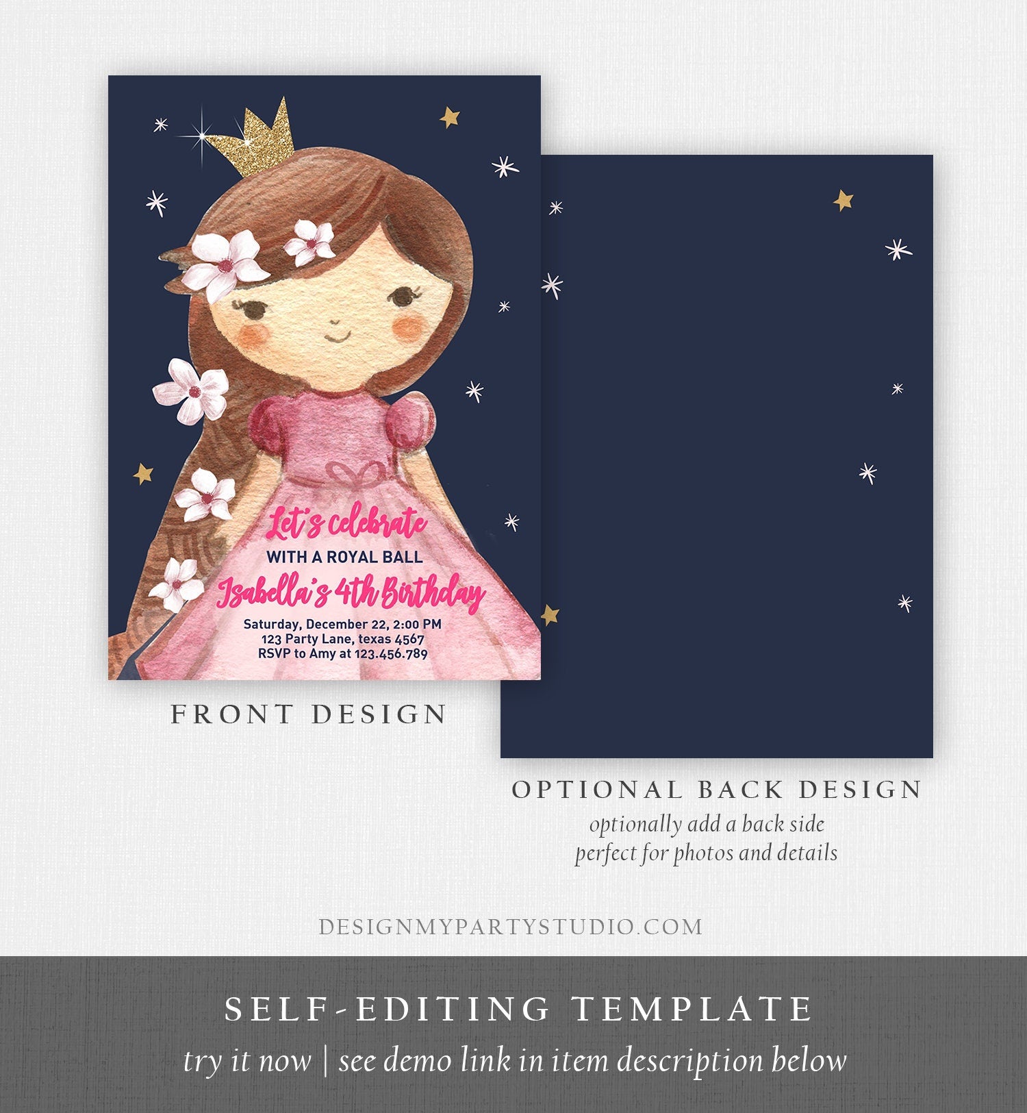 Editable Princess Birthday Invitation Girl Pink Gold Royal Ball Royal Birthday First ANY AGE Crown Download Corjl Template Printable 0171