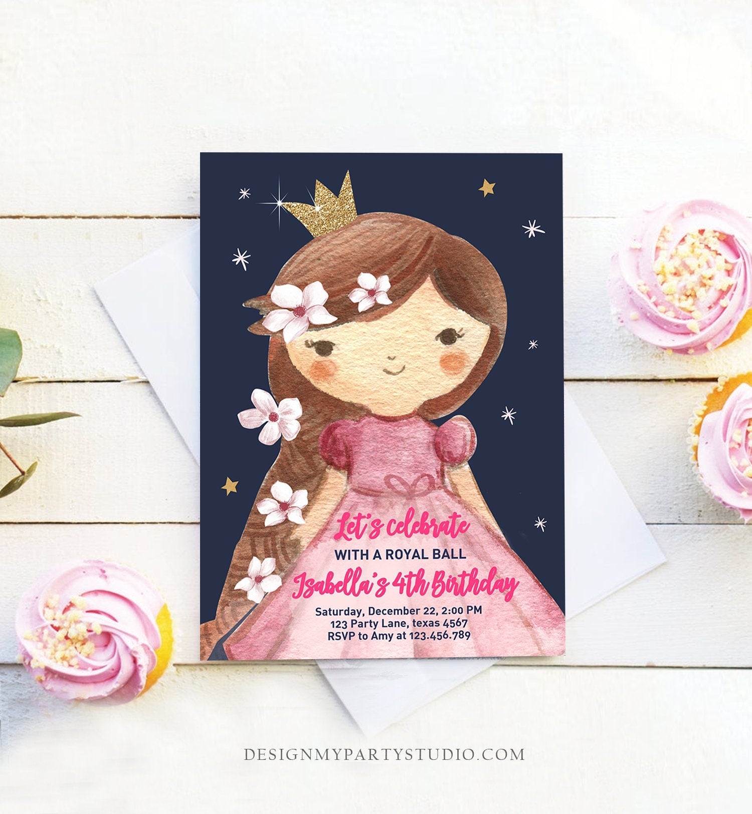 Editable Princess Birthday Invitation Girl Pink Gold Royal Ball Royal Birthday First ANY AGE Crown Download Corjl Template Printable 0171