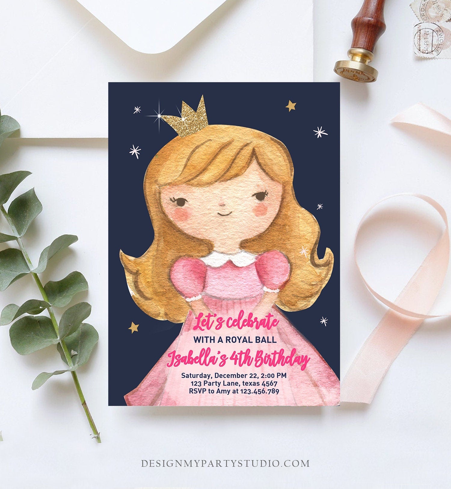 Editable Princess Birthday Invitation Girl Pink Gold Royal Ball Royal Birthday First ANY AGE Crown Download Corjl Template Printable 0171