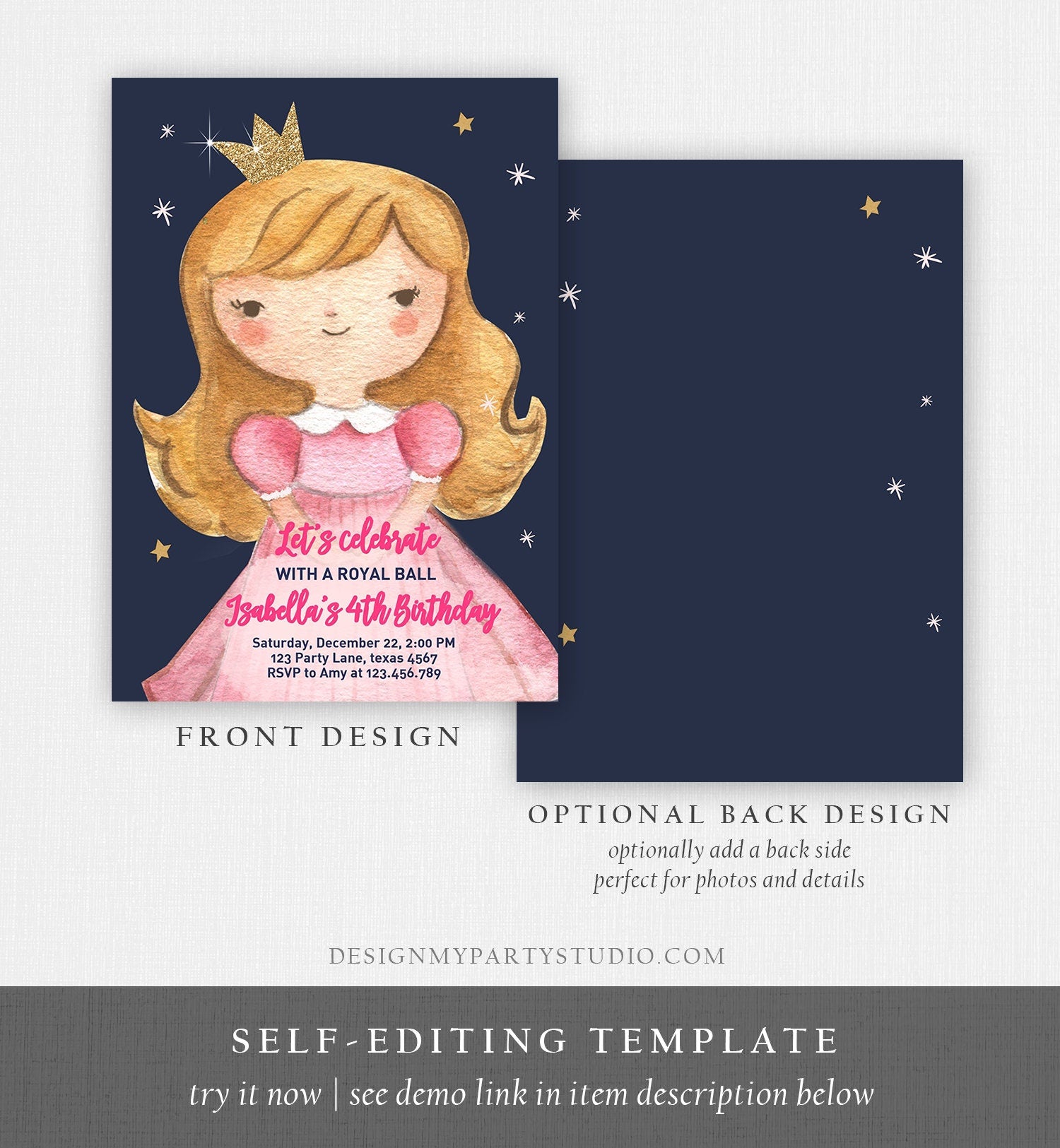 Editable Princess Birthday Invitation Girl Pink Gold Royal Ball Royal Birthday First ANY AGE Crown Download Corjl Template Printable 0171