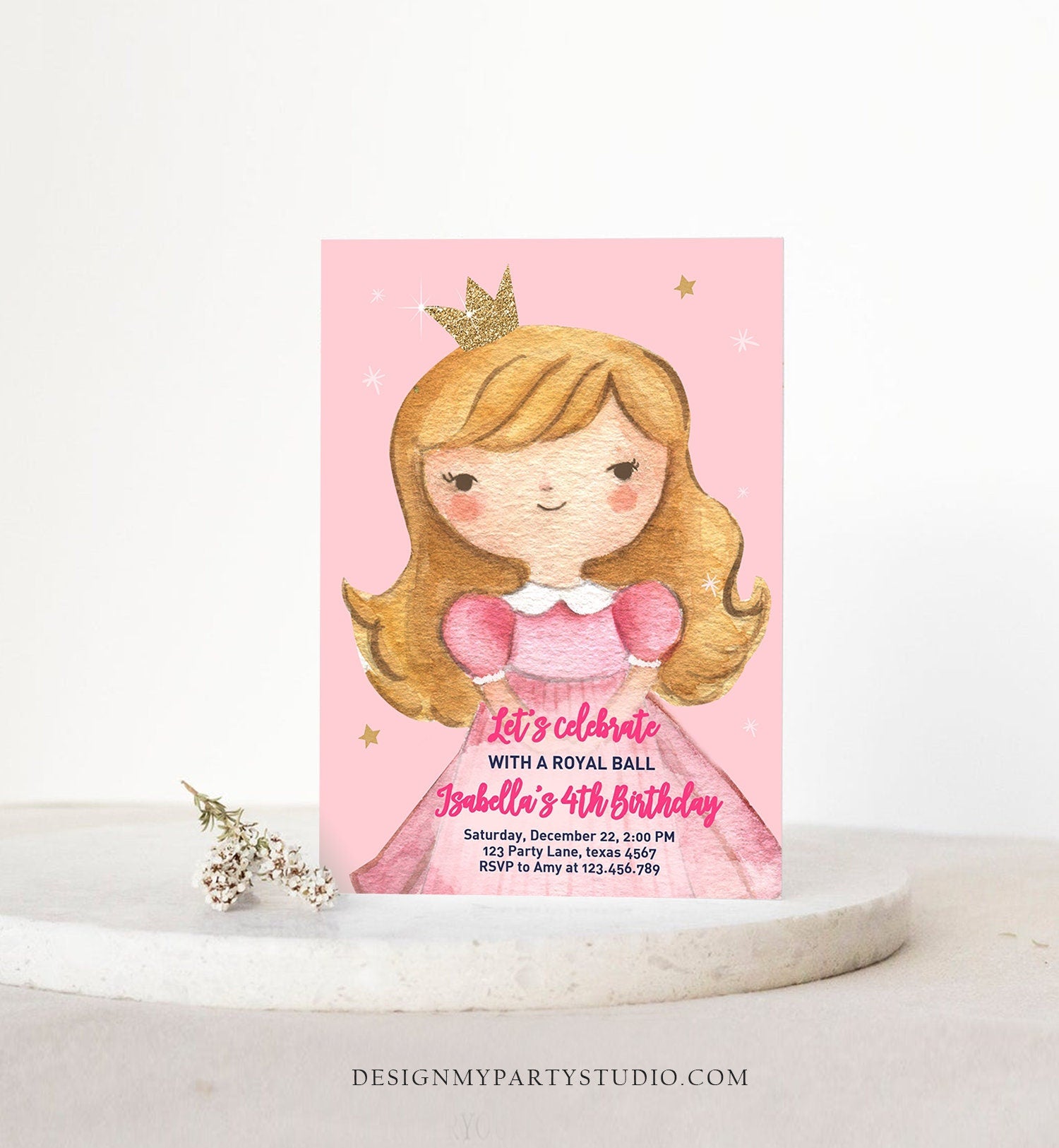 Editable Princess Birthday Invitation Girl Pink Gold Royal Ball Royal Birthday First ANY AGE Crown Download Corjl Template Printable 0171