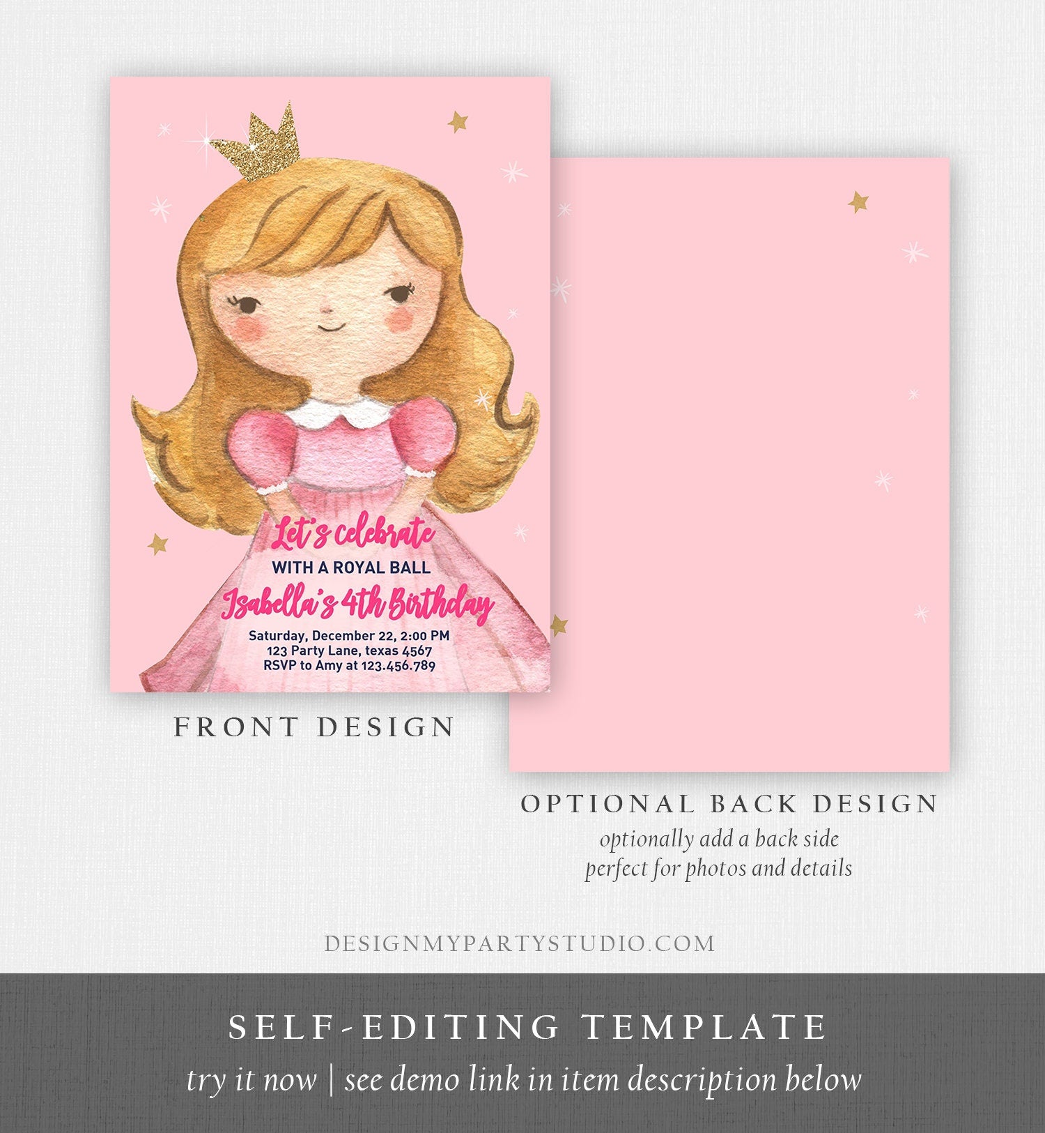 Editable Princess Birthday Invitation Girl Pink Gold Royal Ball Royal Birthday First ANY AGE Crown Download Corjl Template Printable 0171