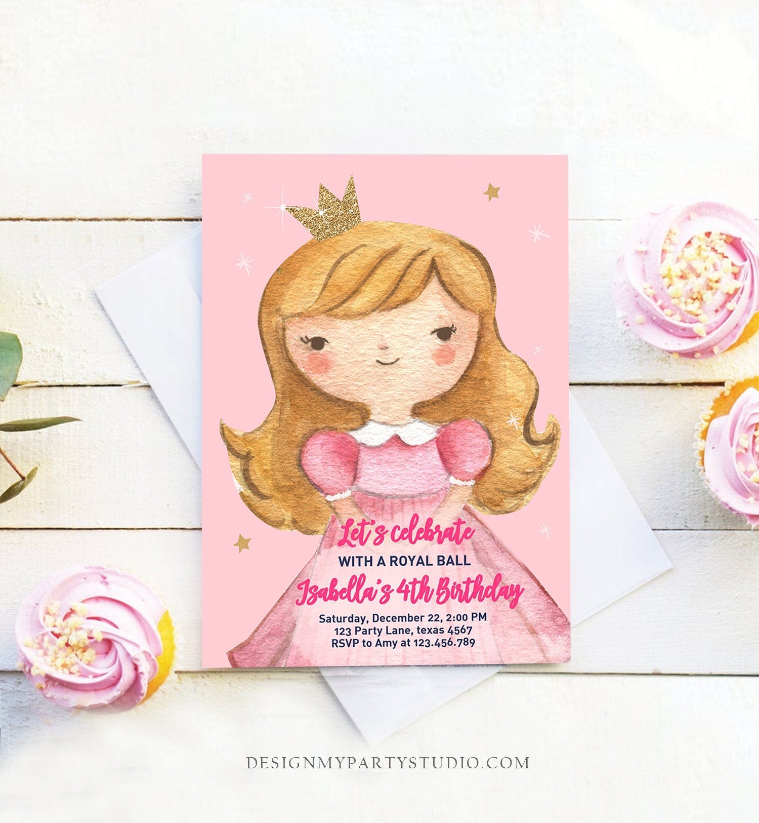 Editable Princess Birthday Invitation Girl Pink Gold Royal Ball Royal Birthday First ANY AGE Crown Download Corjl Template Printable 0171