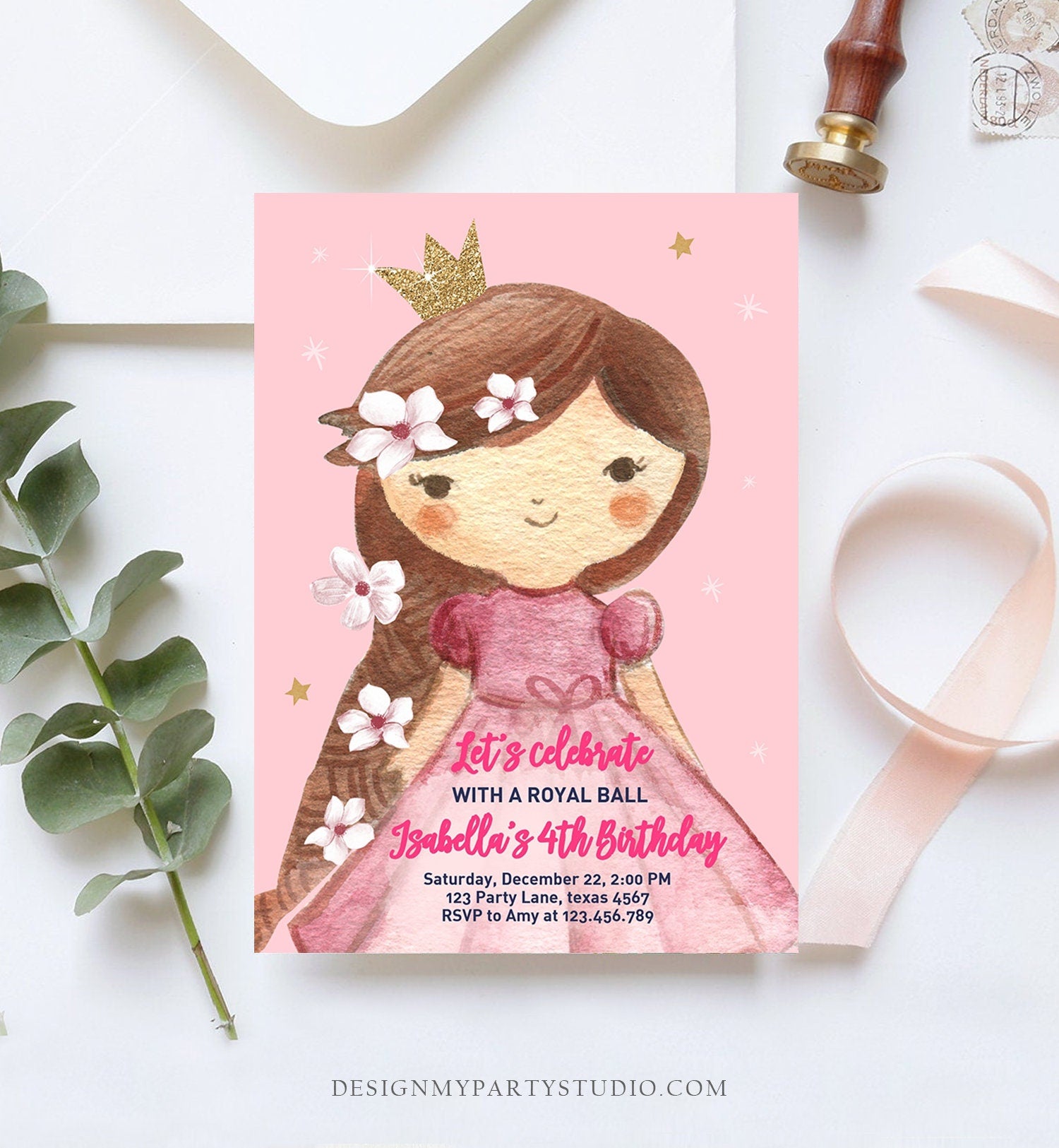 Editable Princess Birthday Invitation Girl Pink Gold Royal Ball Royal Birthday First ANY AGE Crown Download Corjl Template Printable 0171