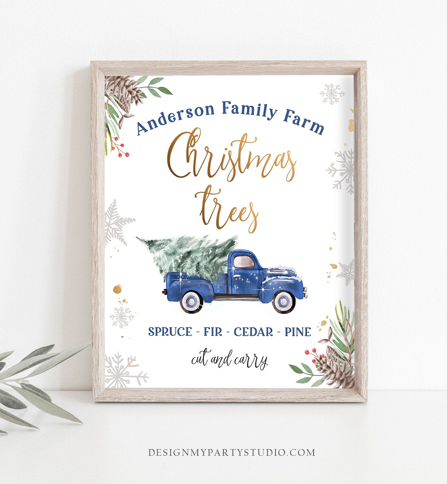 Editable Personalized Christmas Tree Farm Sign Farm Fresh Christmas Trees Home Decor Farmhouse Tree Blue Truck Template PRINTABLE Corjl 0356