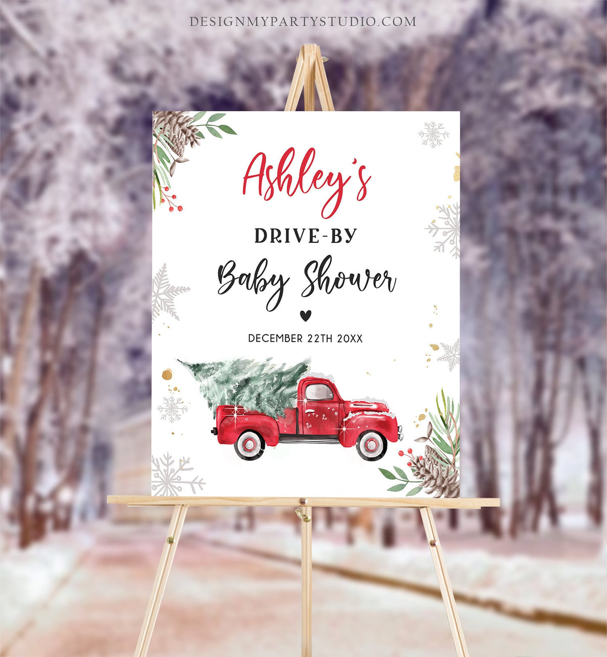 Editable Drive By Baby Shower Welcome Sign Christmas Tree Red Truck Winter Yard Snow Snowflakes Watercolor Corjl Template PRINTABLE 0356