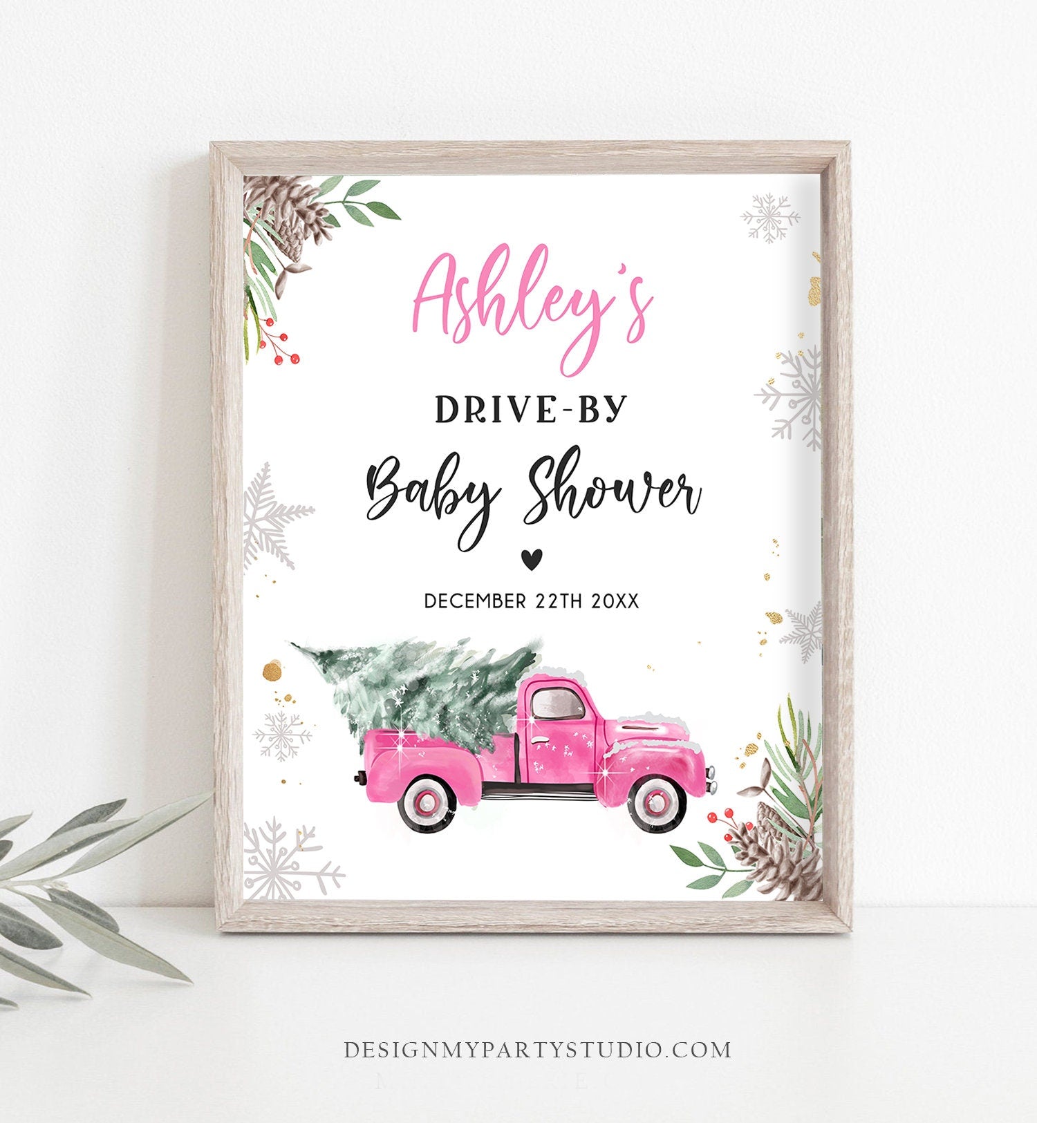 Editable Drive By Baby Shower Welcome Sign Christmas Tree Pink Truck Winter Yard Snow Snowflakes Watercolor Corjl Template PRINTABLE 0356