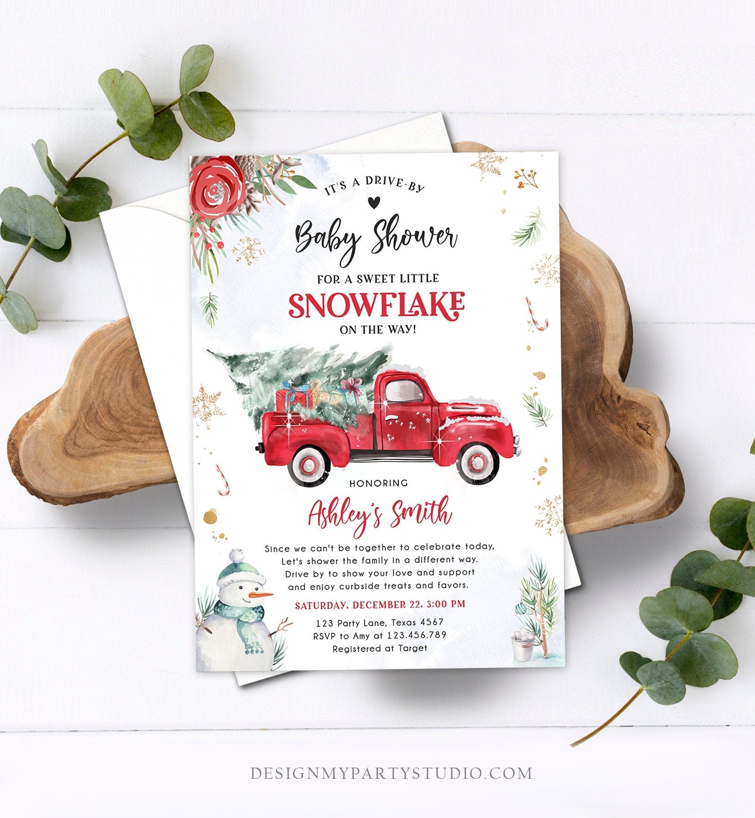 Editable Winter Drive By Baby Shower Invitation Red Truck Little Snowflake Gender Neutral Drive Through Tree Template Download Corjl 0356