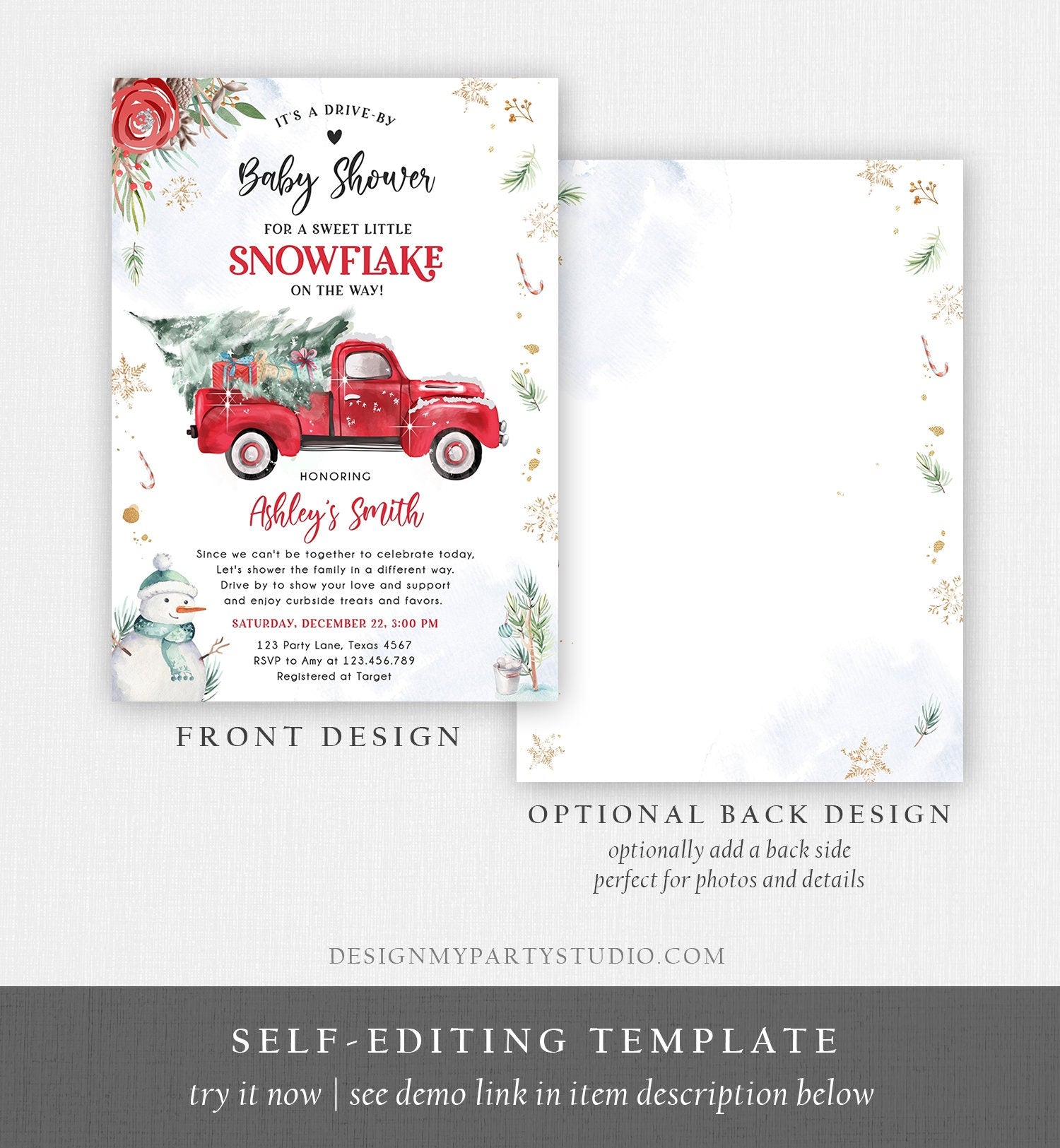 Editable Winter Drive By Baby Shower Invitation Red Truck Little Snowflake Gender Neutral Drive Through Tree Template Download Corjl 0356