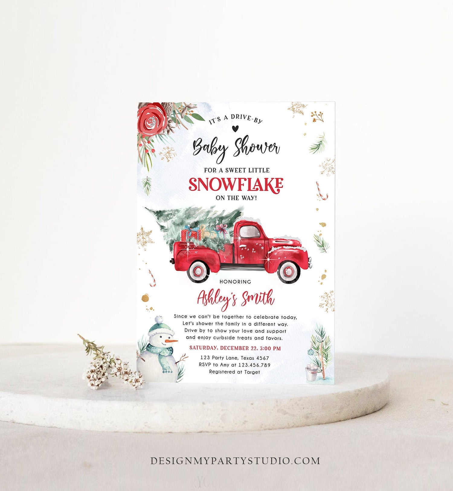 Editable Winter Drive By Baby Shower Invitation Red Truck Little Snowflake Gender Neutral Drive Through Tree Template Download Corjl 0356