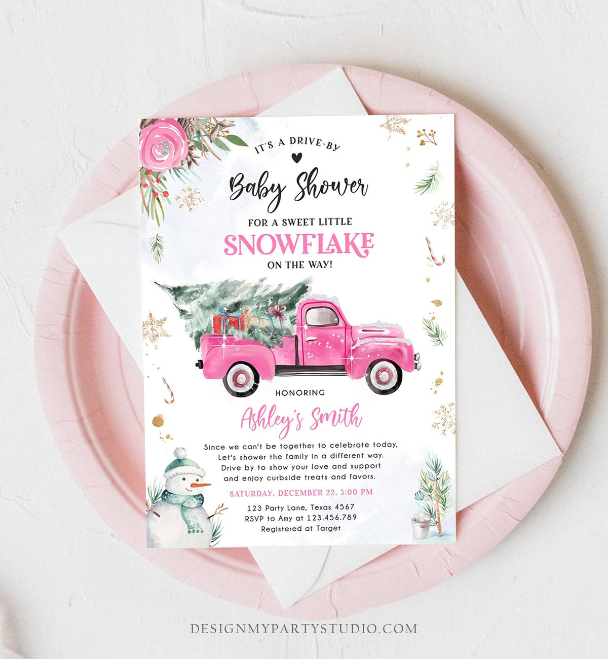 Editable Winter Drive By Baby Shower Invitation Pink Truck Little Snowflake Baby Girl Drive Through Tree Template Download Corjl 0356