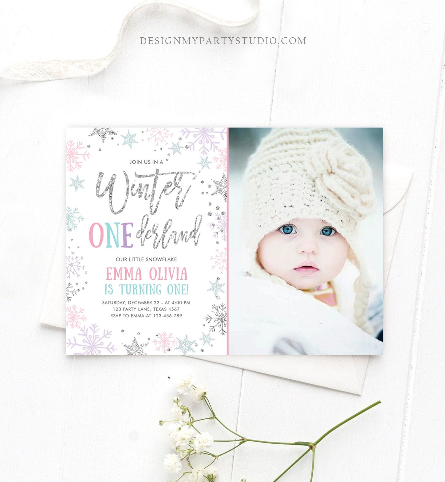 Editable Winter ONEderland Birthday Invitation First Birthday Snowflakes Pink Silver Purple Teal Ice Download Printable Template Corjl 0256