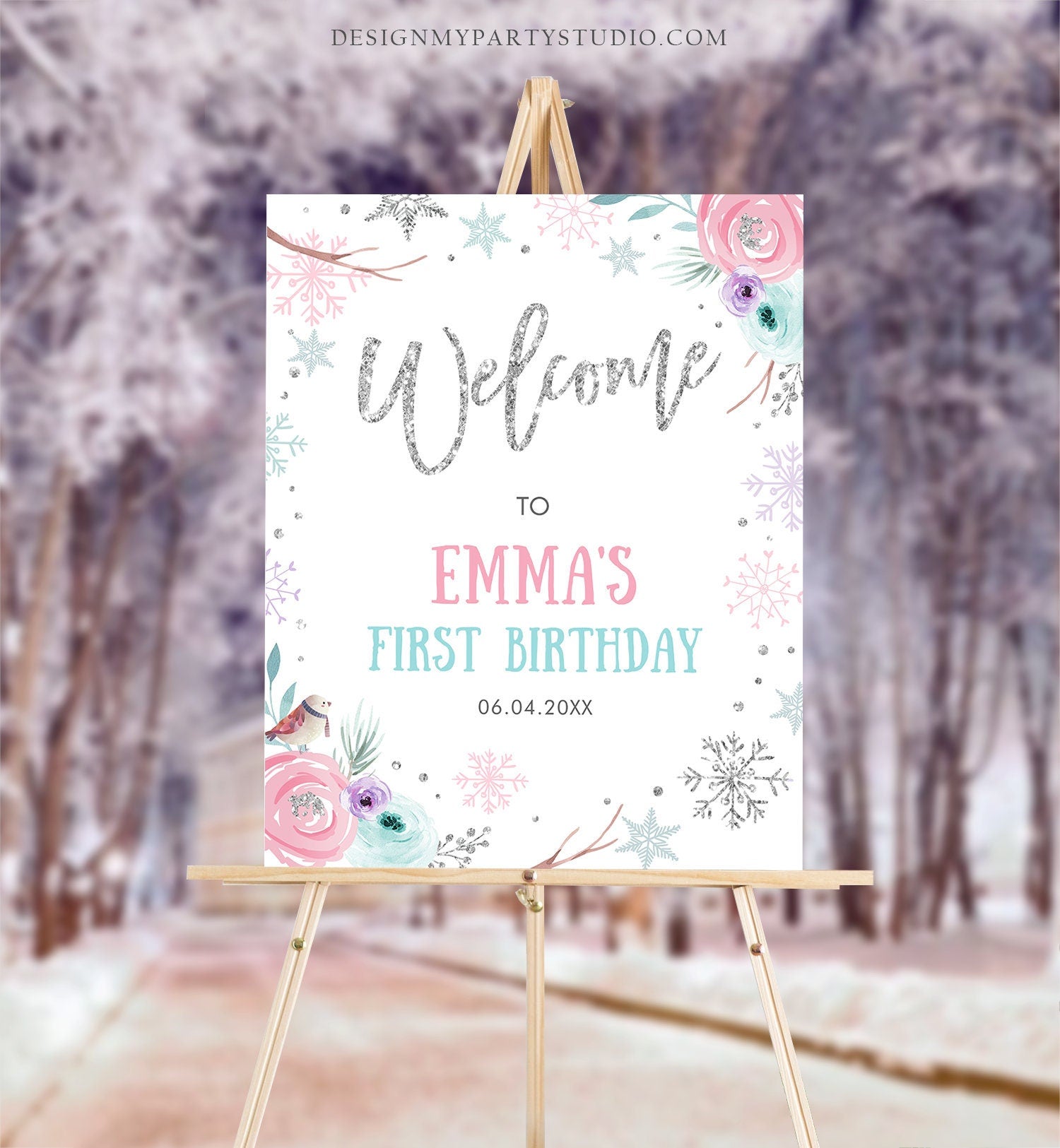 Editable Winter Onederland Welcome Sign First Birthday Girl Pink Silver Little Snowflake Floral Wonderland Corjl Template Printable 0256