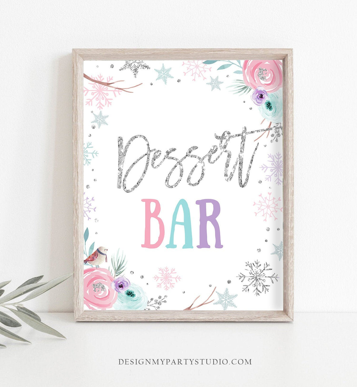 Dessert Bar Sign Winter Wonderland Onederland Birthday Decor Food Table Girl Teal Pink Silver Snowflakes Floral Download Printable 0256