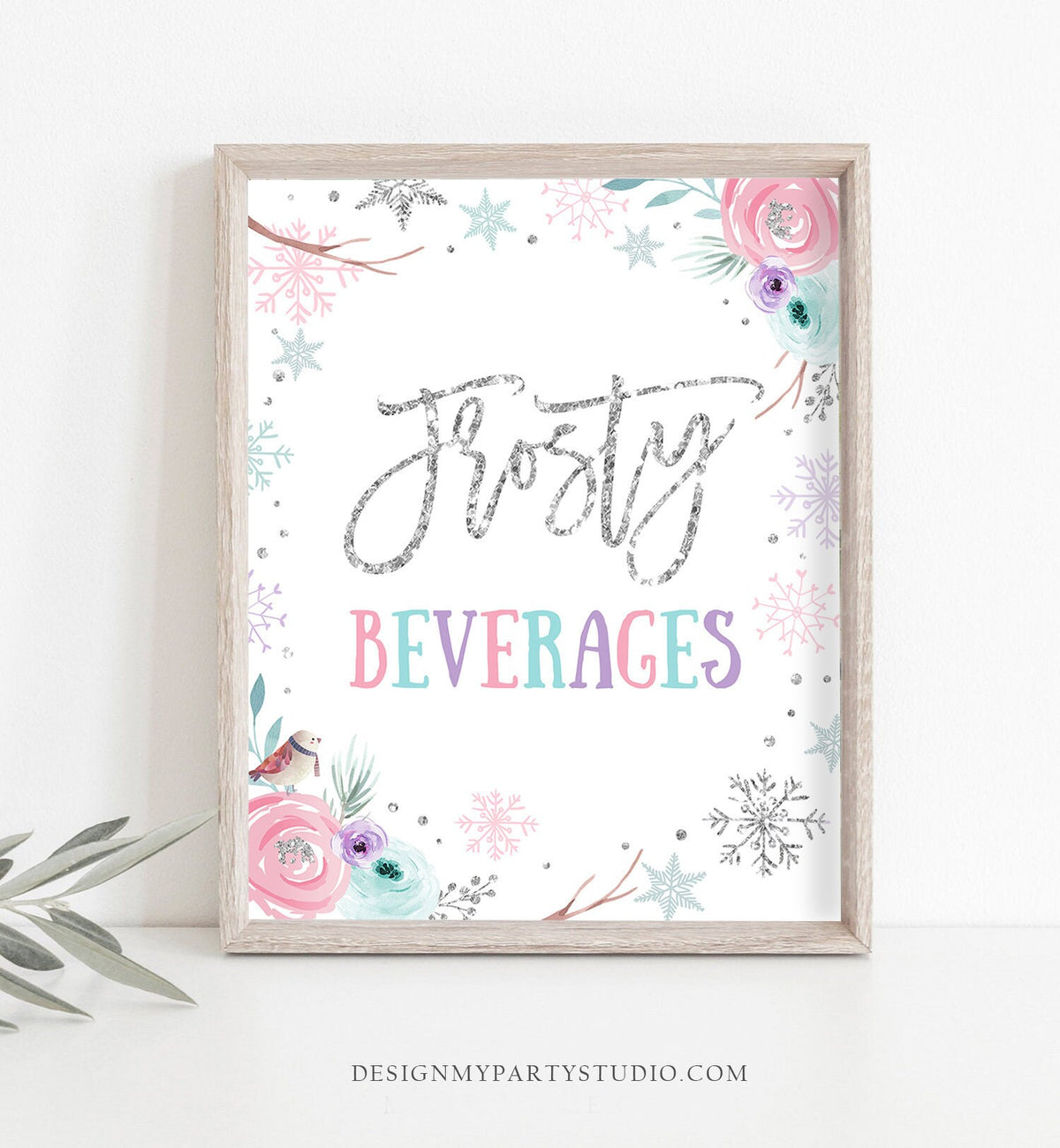 Frosty Beverages Sign Winter Wonderland Onederland Birthday Decor Drinks Table Girl Pink Silver Snowflakes Floral Download Printable 0256