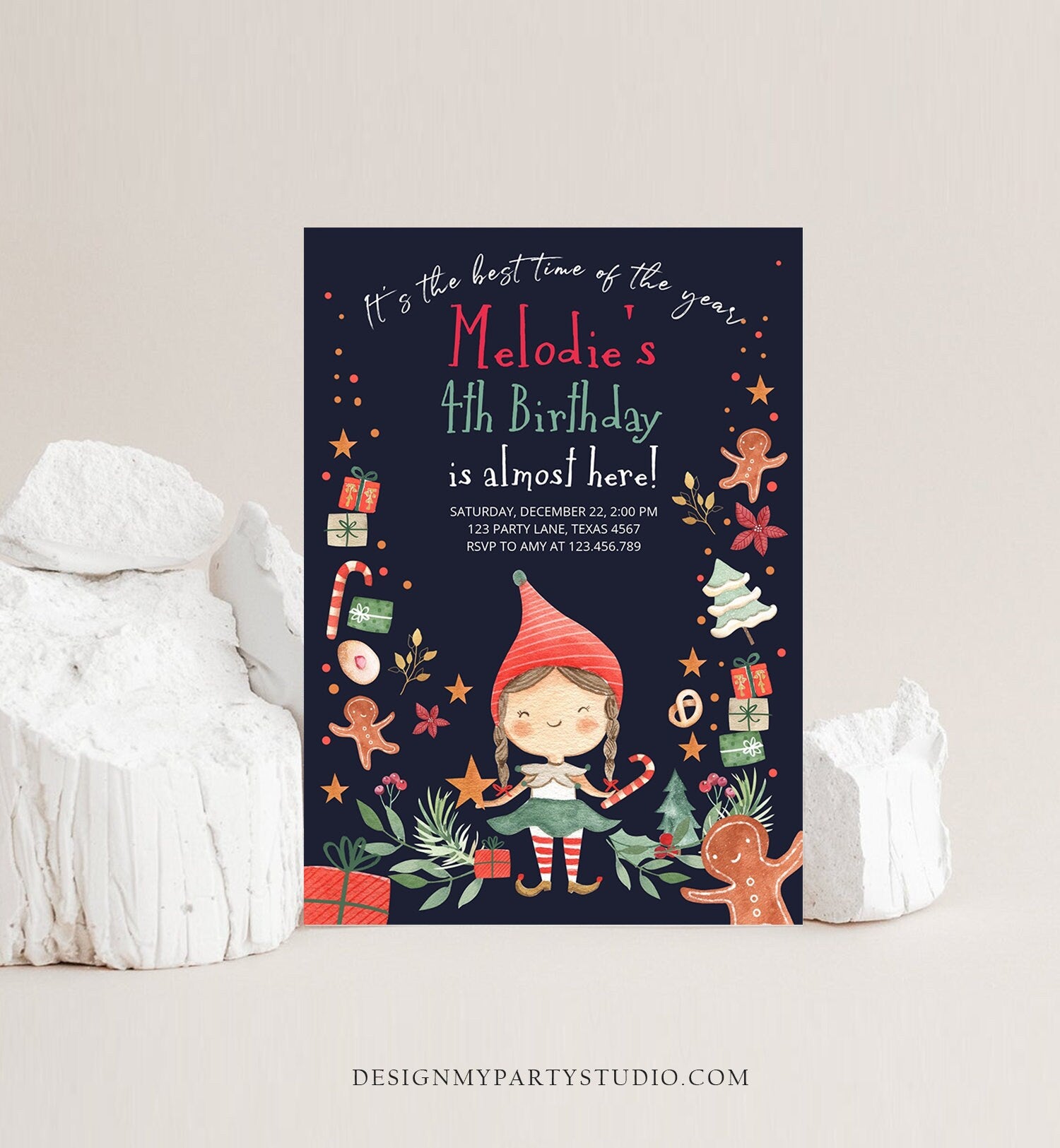 Editable Christmas Birthday Party Invitation Elf Birthday Invite Winter Best Time of The Year Girl Pink Gold Printable Template DIY 0358